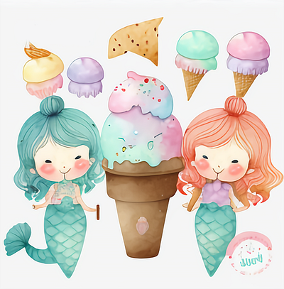 Cute Mermaid Watercolor with Ice Cream Clipart wild