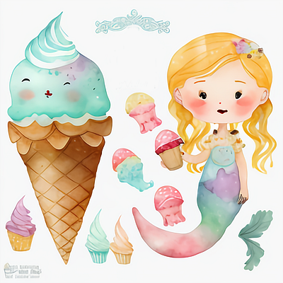 Cute Mermaid Watercolor with Ice Cream Clipart wild