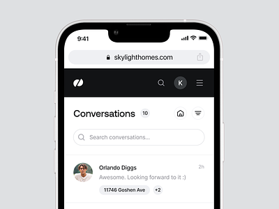 Skylight - Conversations / Web Mobile Responsive agent app chat clean conversation dashboard design system filter fintory illustration ios16 pill real estate renter renting house search ui user interface ux
