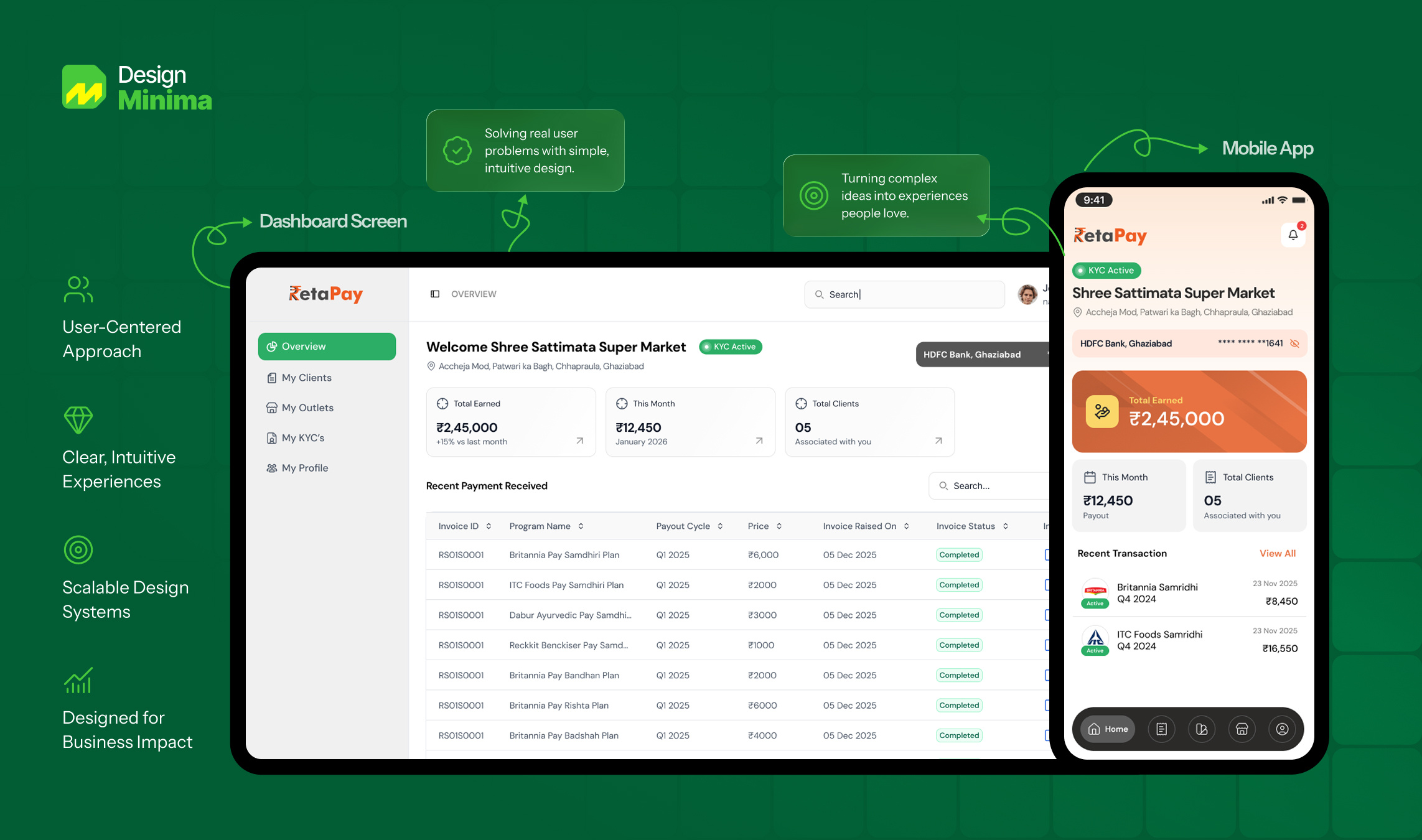 RetaPay — Fintech Dashboard & Mobile App UI Design branding dashboard design system fintech insights kyc logo design metrics mobile app product design product screen retail app retail dashboard ui ui ux design user experience user interface