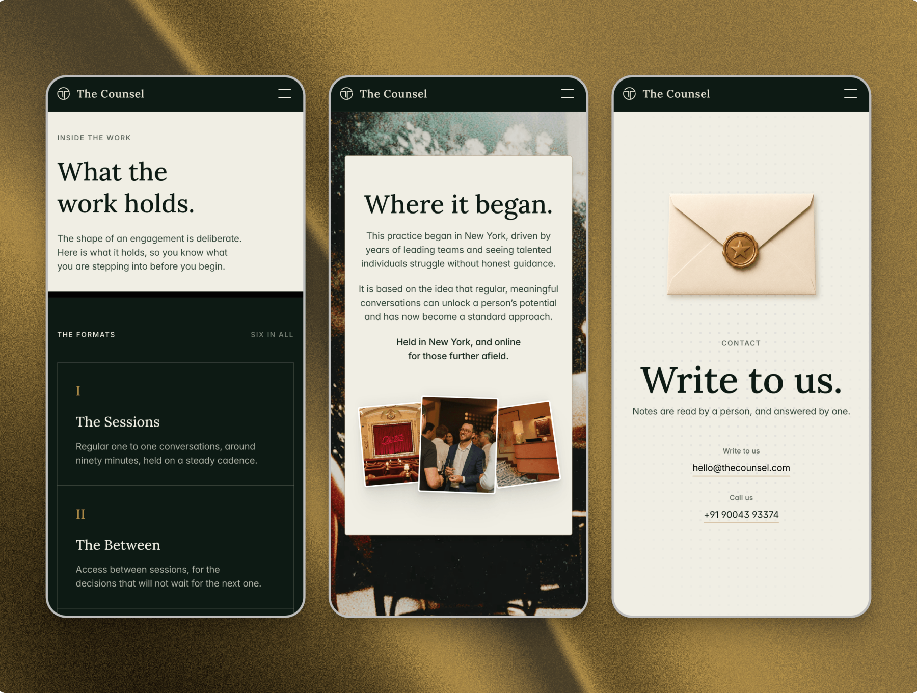 The Counsel · Editorial website for coaches & consultants agency blog brand cms coaching consulting editorial framer framer template green landing page luxury minimal portfolio template typography ui ux web design website