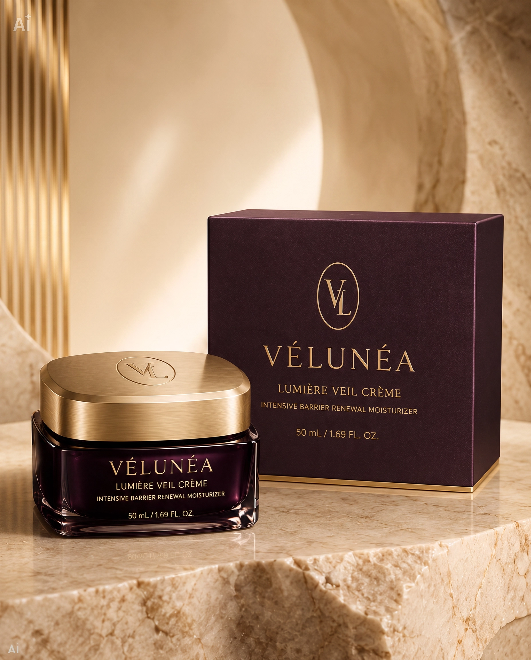 VÉLUNÉA — Luxury Skincare Brand Identity ai design art direction beauty branding beauty campaign brand identity cosmetic branding cosmetic design cosmetic packaging editorial design feminine branding luxury packaging luxury skincare moisturizer packaging design premium branding product branding product visualization skincare branding skincare packaging visual identity