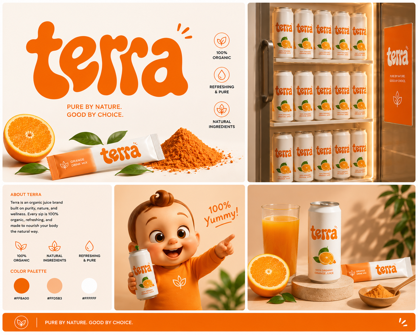 Fresh Orange Juice Brand Advertising Campaign beverage branding beverage design branding citrus drink campaign fresh oranges fruit drink healthy drink healthy lifestyle juice can logo logo presentation orange juice organic juice packaging design premium advertisement premium packaging product advertising product mockup terra