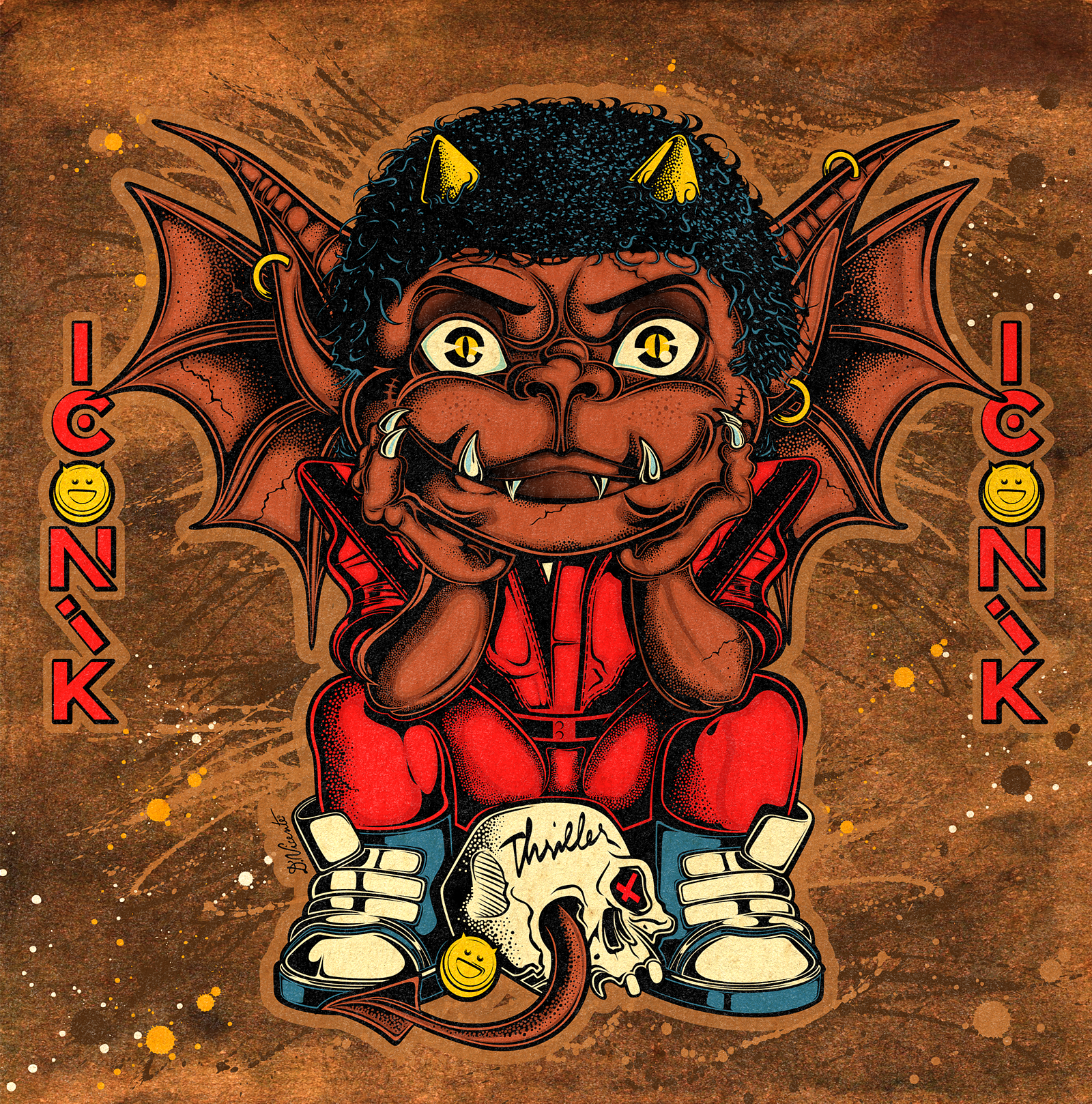 WILD CHILD ICONIK #50 — THRILLER 1980s cartoon art character design creature design digital illustration gargoyle art horror art illustration lowbrow art michael jackson monster design music icon music video pop culture art retro horror thriller underground art werewolf art wild child zombie art