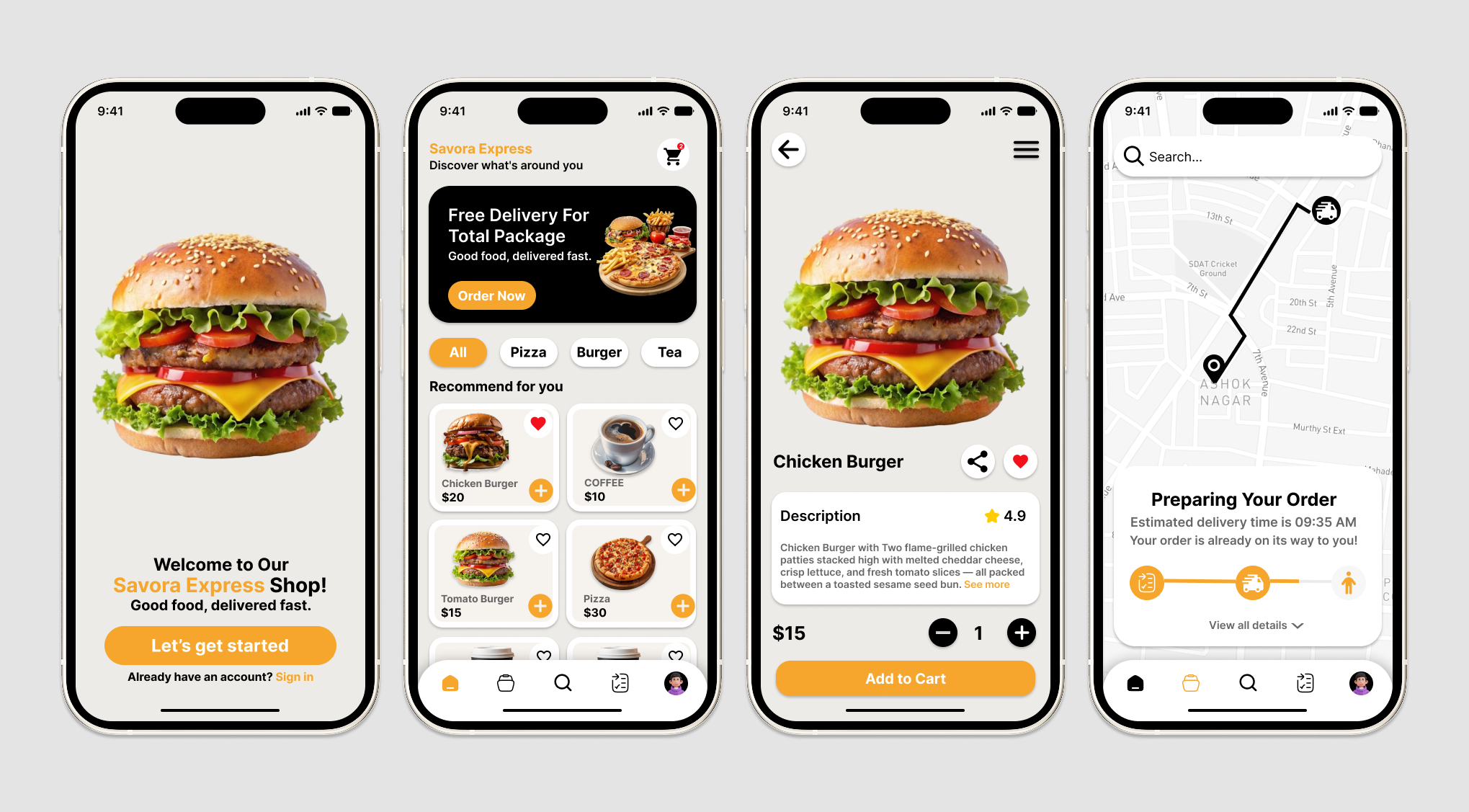 Savora — Food Delivery App (Onboarding to Tracking) app design app ui figma food app design food delivery mobile app mobile ui product design ui design ui ux design user experience wireframe