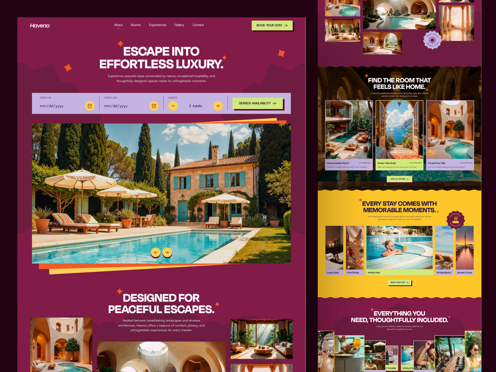 Havena - Luxury Hotel & Resort Website / Landing Page accommodation booking bold colorful design boutique hotel design boutique resort website brutalism design hotel booking website hotel landing page hotel website design luxury hospitality design luxury resort website luxury travel website premium hotel website property booking website resort booking platform resort landing page tourism website design travel booking platform travel website design vacation rental website villa rental website