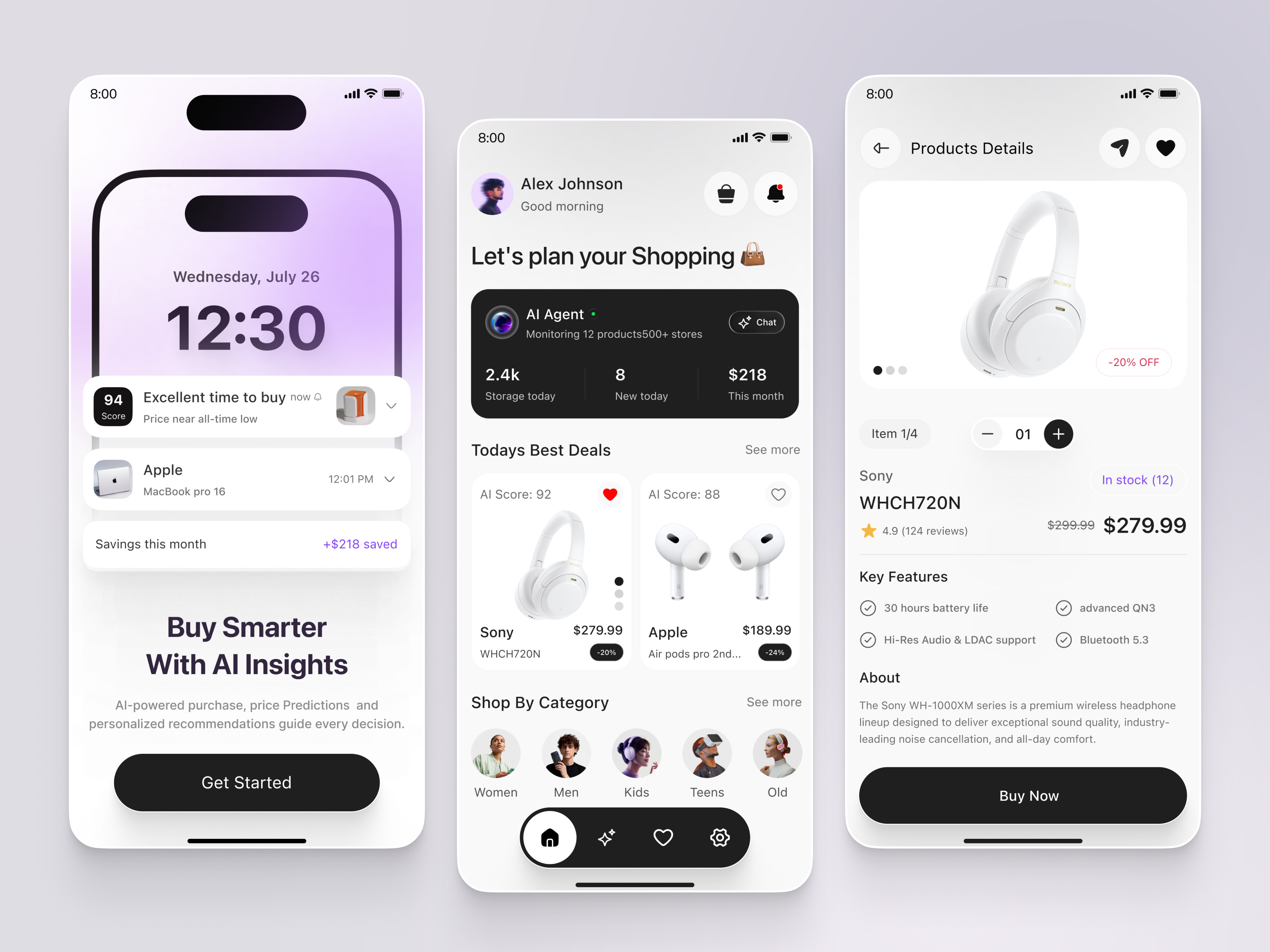 AI Shopping Assistant – Smart Price Tracker Mobile App UI ai agent ai assistant ai shopping app app design b2b ecommerce ecommerce fashion app figma ios app minimal ui mobile app online shopping price tracker product design shopping ui user interface voice assistant