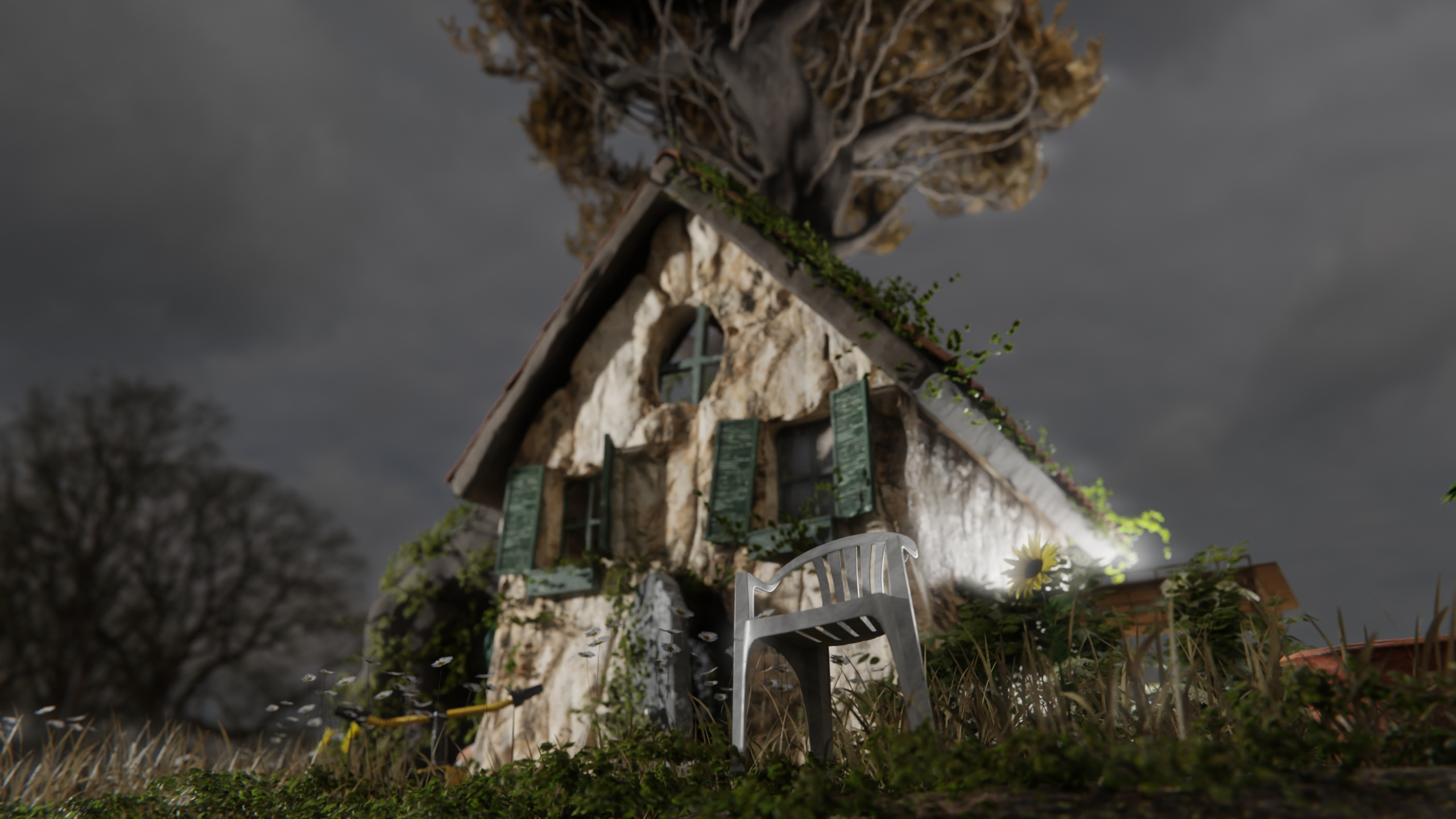 House overtaken by tree - 3D render 3d abbandoned art blender dark design destroyed diorama garden grow home house ivy light nature old overtaken tree