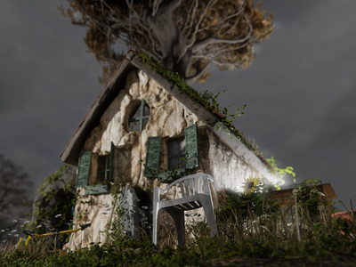 House overtaken by tree - 3D render 3d abbandoned art blender dark design destroyed diorama garden grow home house ivy light nature old overtaken tree