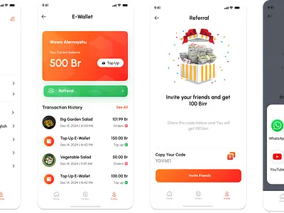 E-wallet and Referral Futures UI app beu delivery branding clear delivery design e wallet food mobile modern my favorites referral ui ux