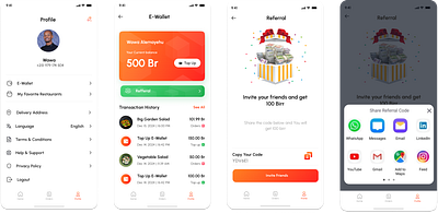 E-wallet and Referral Futures UI app beu delivery branding clear delivery design e wallet food mobile modern my favorites referral ui ux