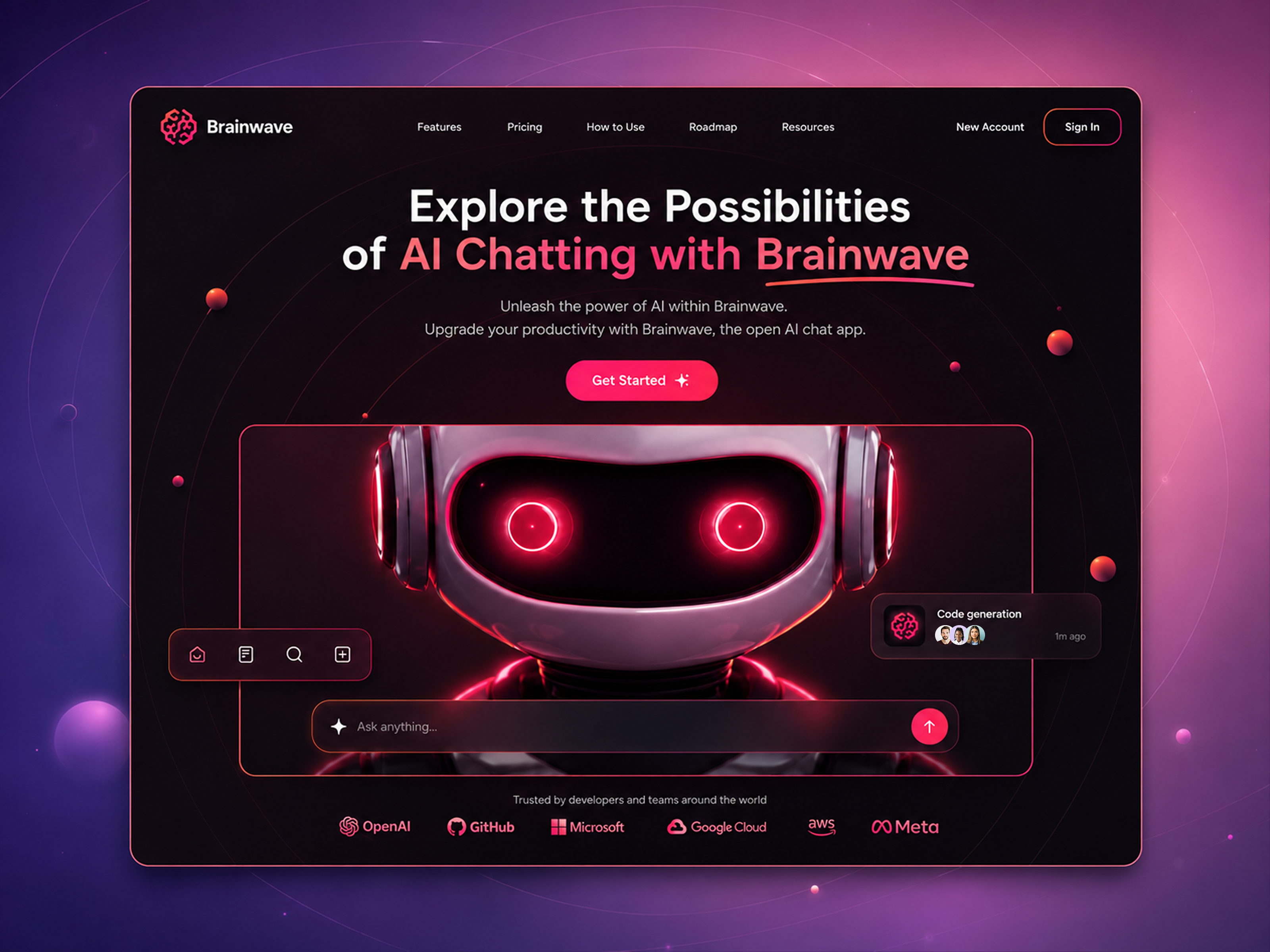 AI Chat Platform Landing Page UI Design ai assistant ai chat ai website chatbot ui dark ui figma hero section landing page landing page design product design saas landing page tech website ui ui design ux design web design web ui website design