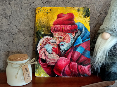 Old man and hedgehog, acrylic painting acrylic painting hand painted handmade paint painting people