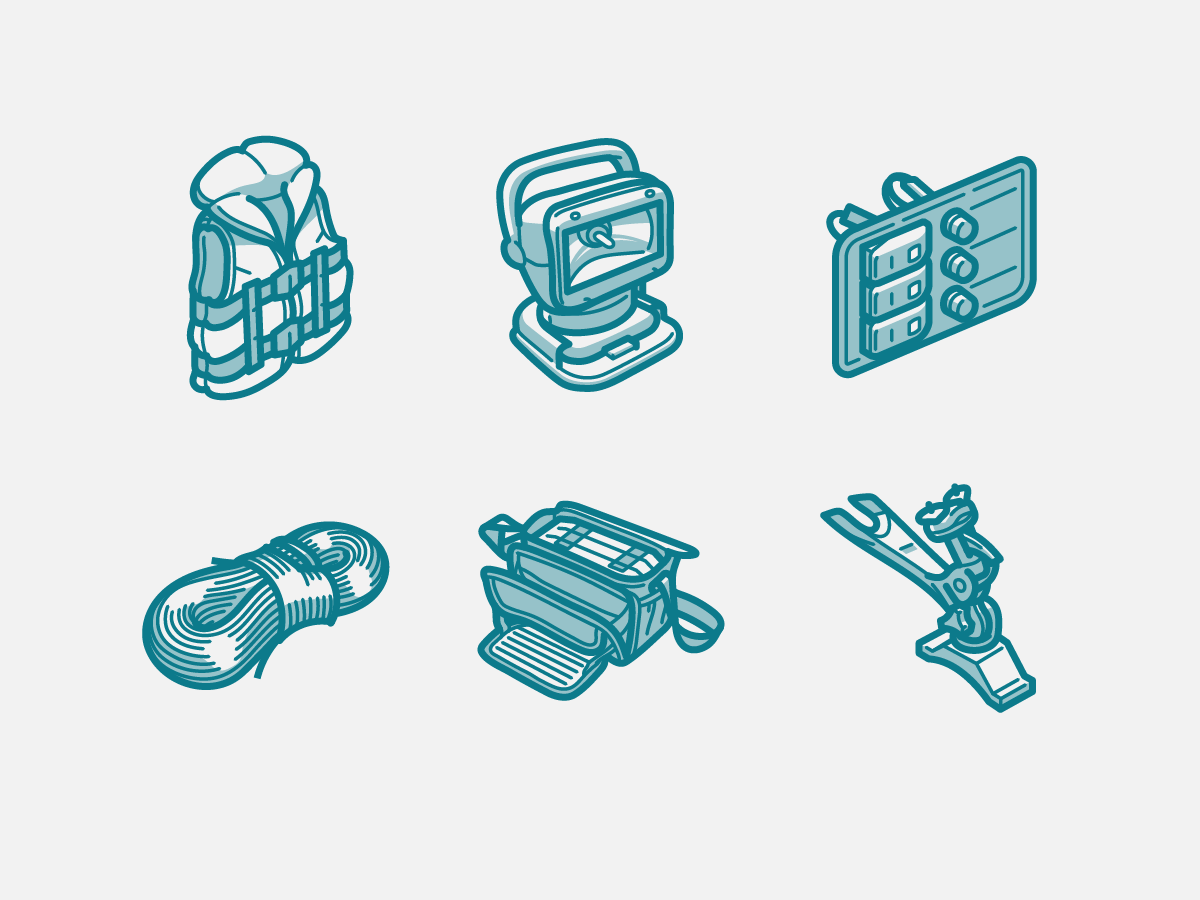 Vodnik bag button cable control panel cord fastening filled outline headlight icon icon set icons iconset isometric isometry lamp life jacket line outline rope spotlight