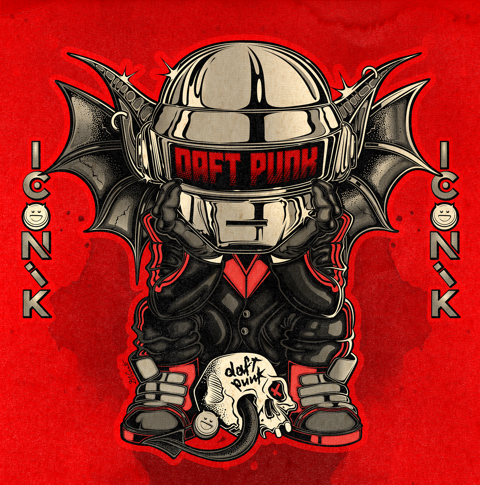 WILD CHILD ICONIK #48 - DAFT PUNK 2 cartoon art character design chrome helmet creature design daft punk digital illustration electronic music french touch gargoyle art helmet design illustration lowbrow art music illustration pop culture art red and black retro futurism robot art street art thomas bangalter wild child