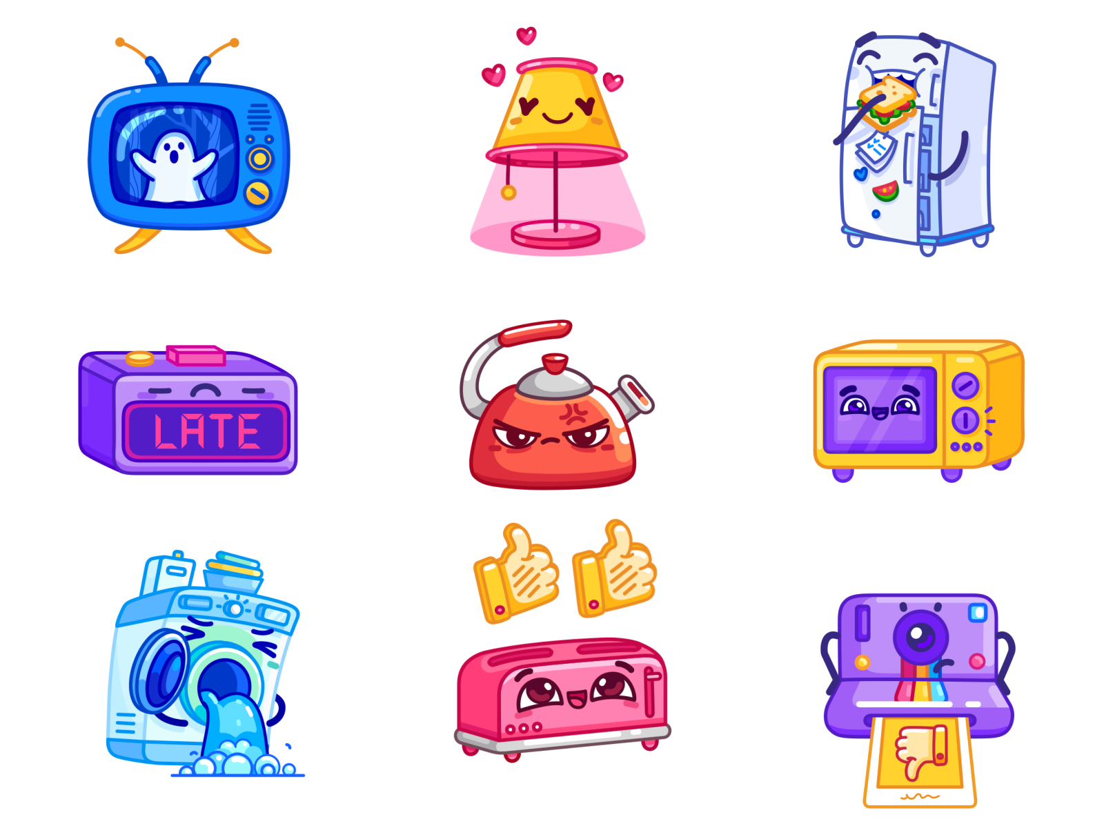 📺Home Gadgets - Sticker Pack 2d animation character design emotions flat fridge happy hungry illustration kitchen love mood polaroid stickers teapot toaster tv washing machine