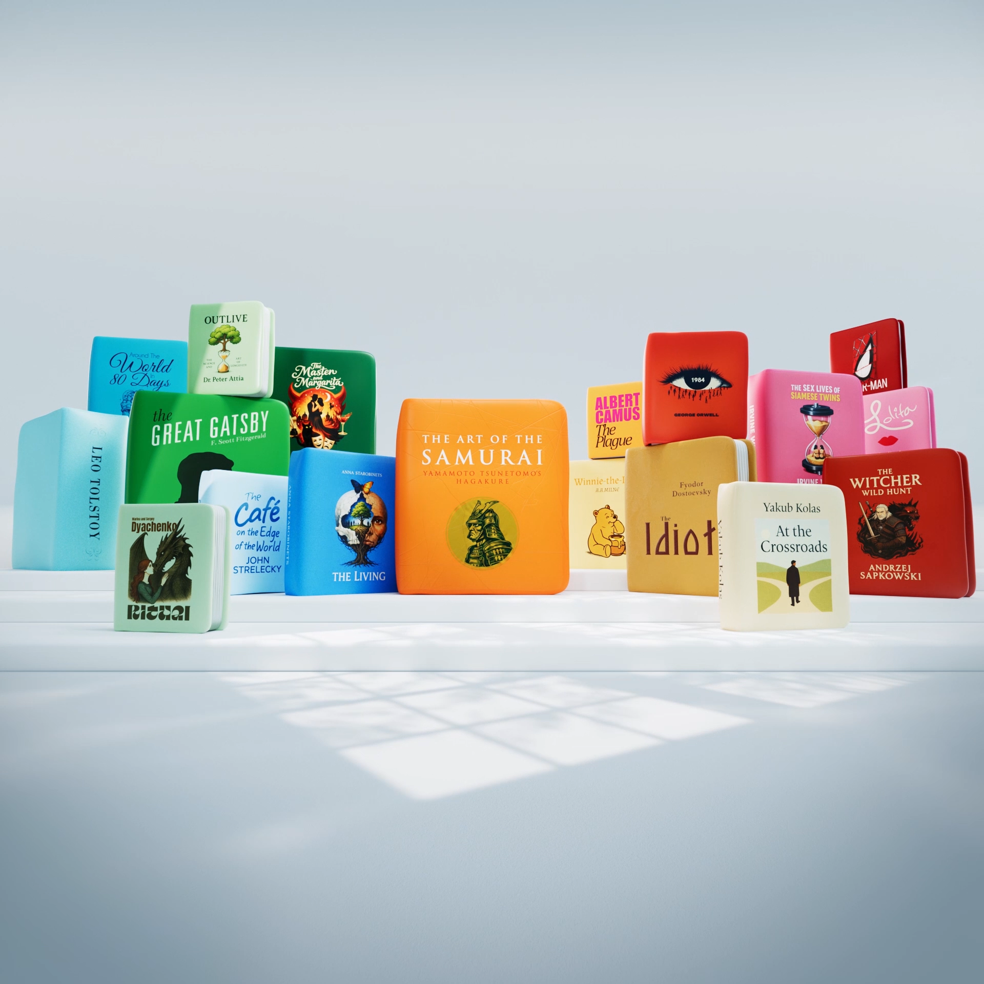Claymorphic Classics: 3D Book Art art toy book design classic novel claymorphism collected works depth of field global authors literature lolita minimal design pastel color sculpt soft touch step one project stylized art tactile object the art of the samurai the great gatsby visual storytelling winnie the pooh