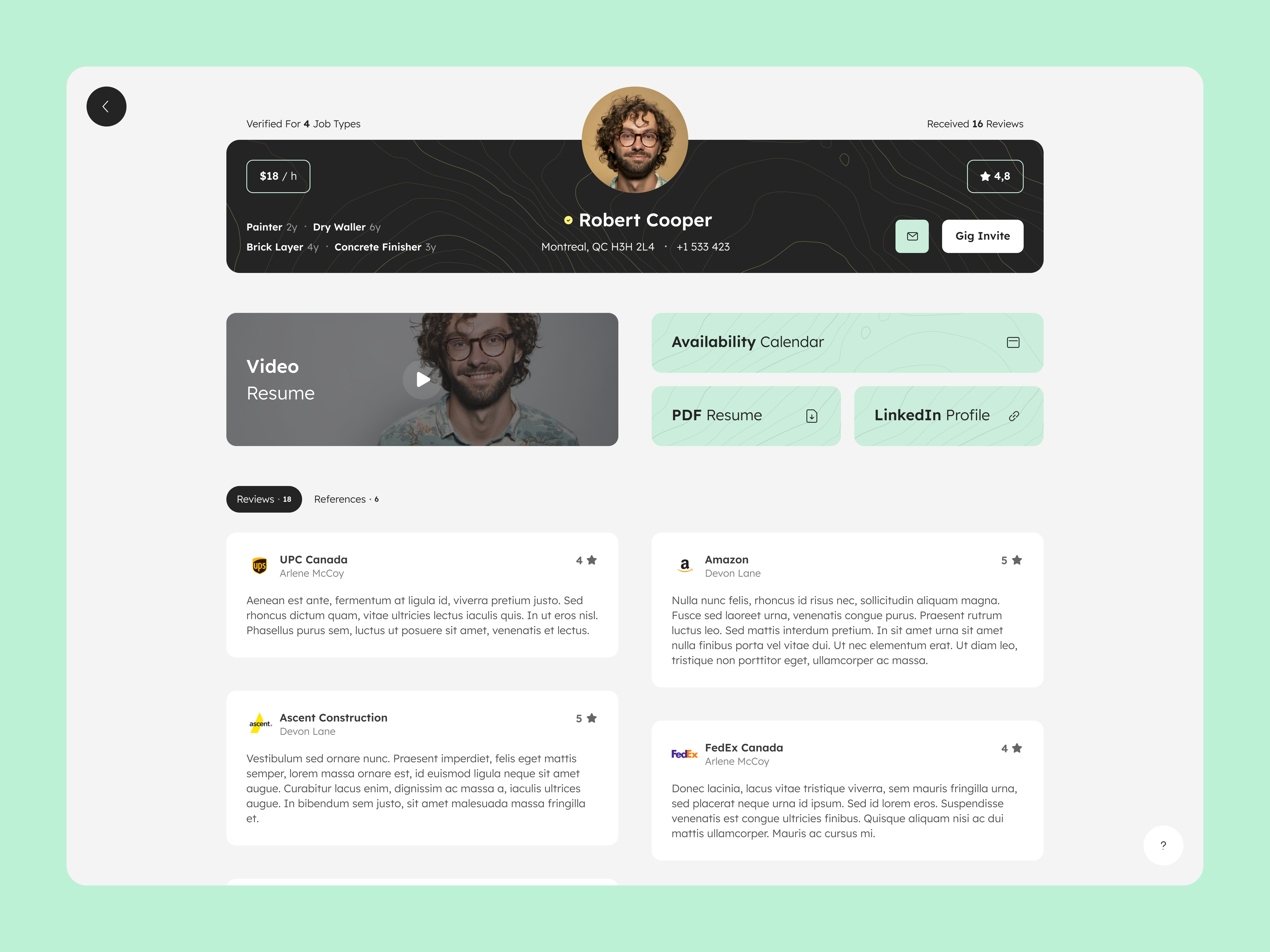 Temp Work Marketplace Worker Profile app clean desktop green interface light marketplace minimal pattern product design profile reviews simple temp work ui uiux ux uxui web app webapp