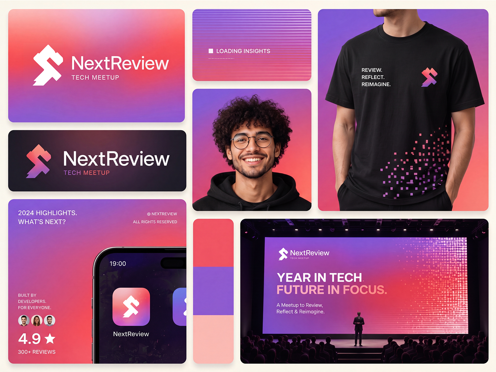 NextReview - Tech Meetup Brand Identity & Visual Design brand identity brand strategy conference design creative direction digital branding event branding gradient design graphic design hero ui design logo design merchandise design modern branding pro ui design social media design tech meetup techwitpro uiux design visual identity