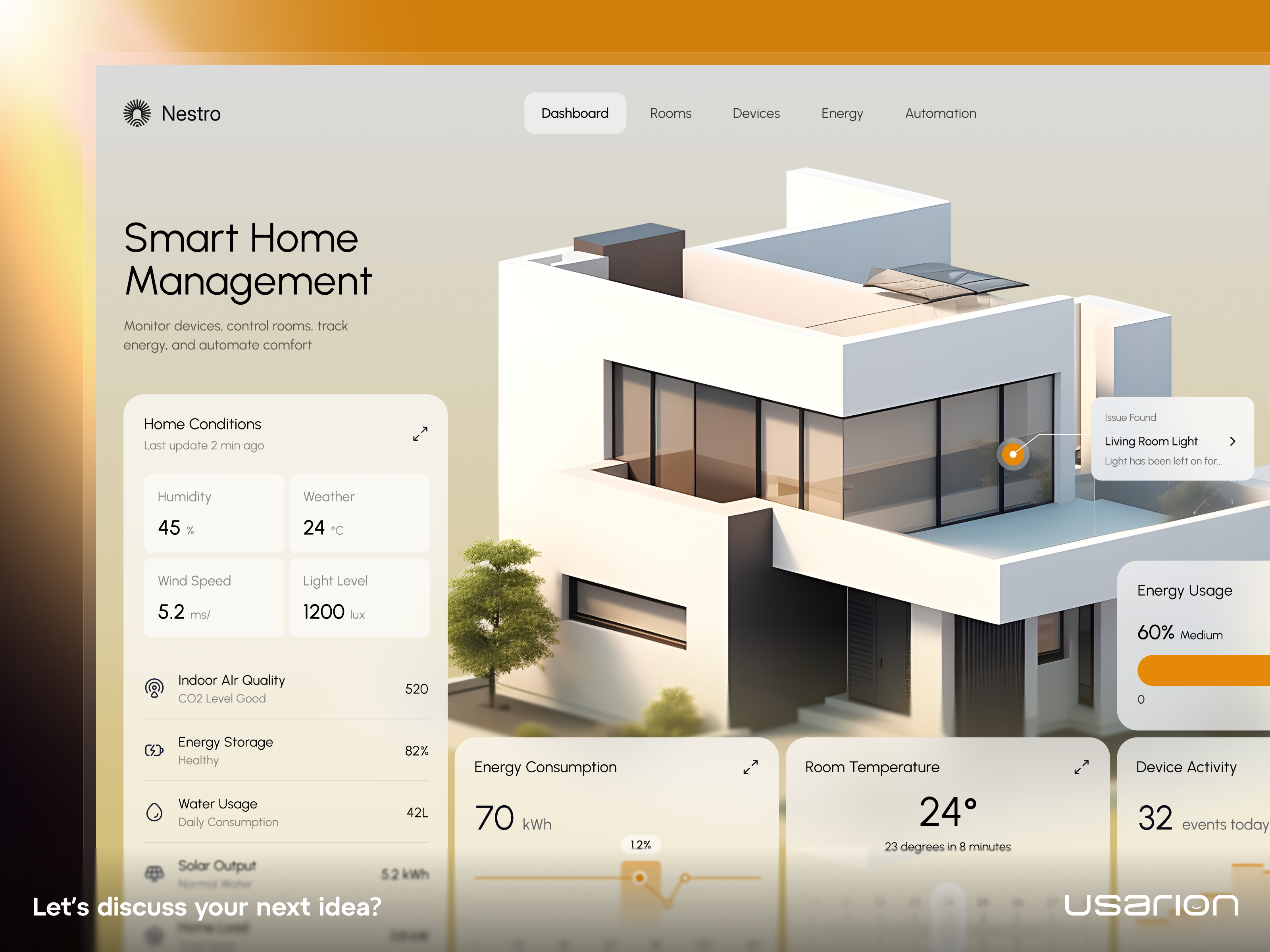 IoT Smart Home & Energy Management Dashboard UI 3d ui bento box cleantech dashboard design device management energy consumption energy management home automation internet of things iot dashboard proptech smart devices smart home solar energy