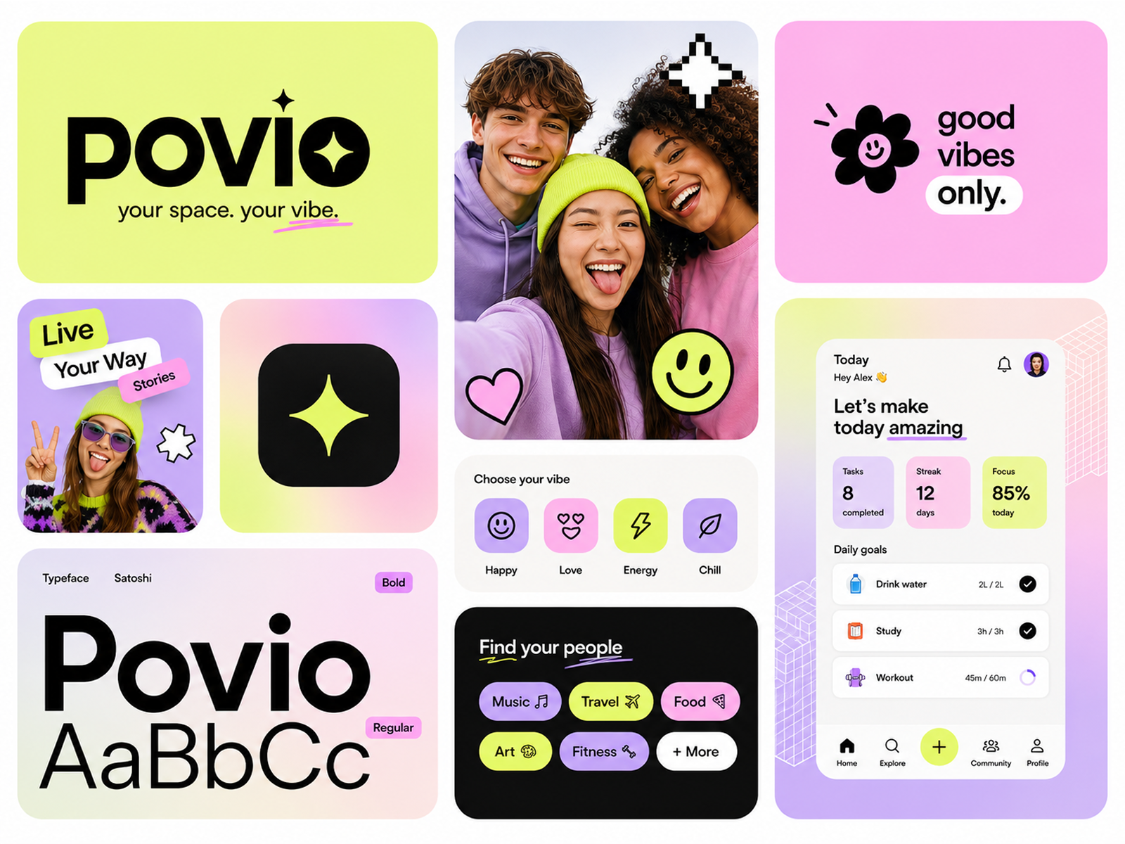 Povio - Gen-Z Social & Lifestyle App Branding appicon brandidentity genz design genzdesign hero ui desing lifestyleapp logodesign mobileui modernbranding povio productdesign socialapp techwitpro typography uiuxdesign visualidentity web branding webdesign z branding
