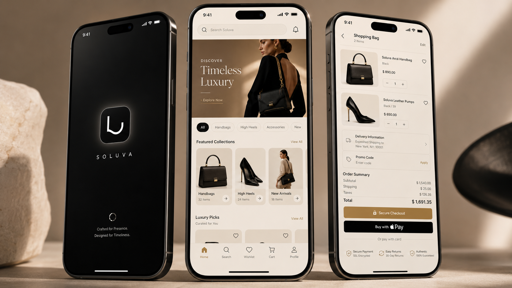 Soluva — Luxury Fashion Mobile App UI/UX Design, Website Design app design app inspiration checkout design dribbble ecommerce app ecommerce ui fashion app fashion branding figma iphone mockup luxury app luxury branding mobile app mobile ui product design ui design ui ux user experience user interface ux design