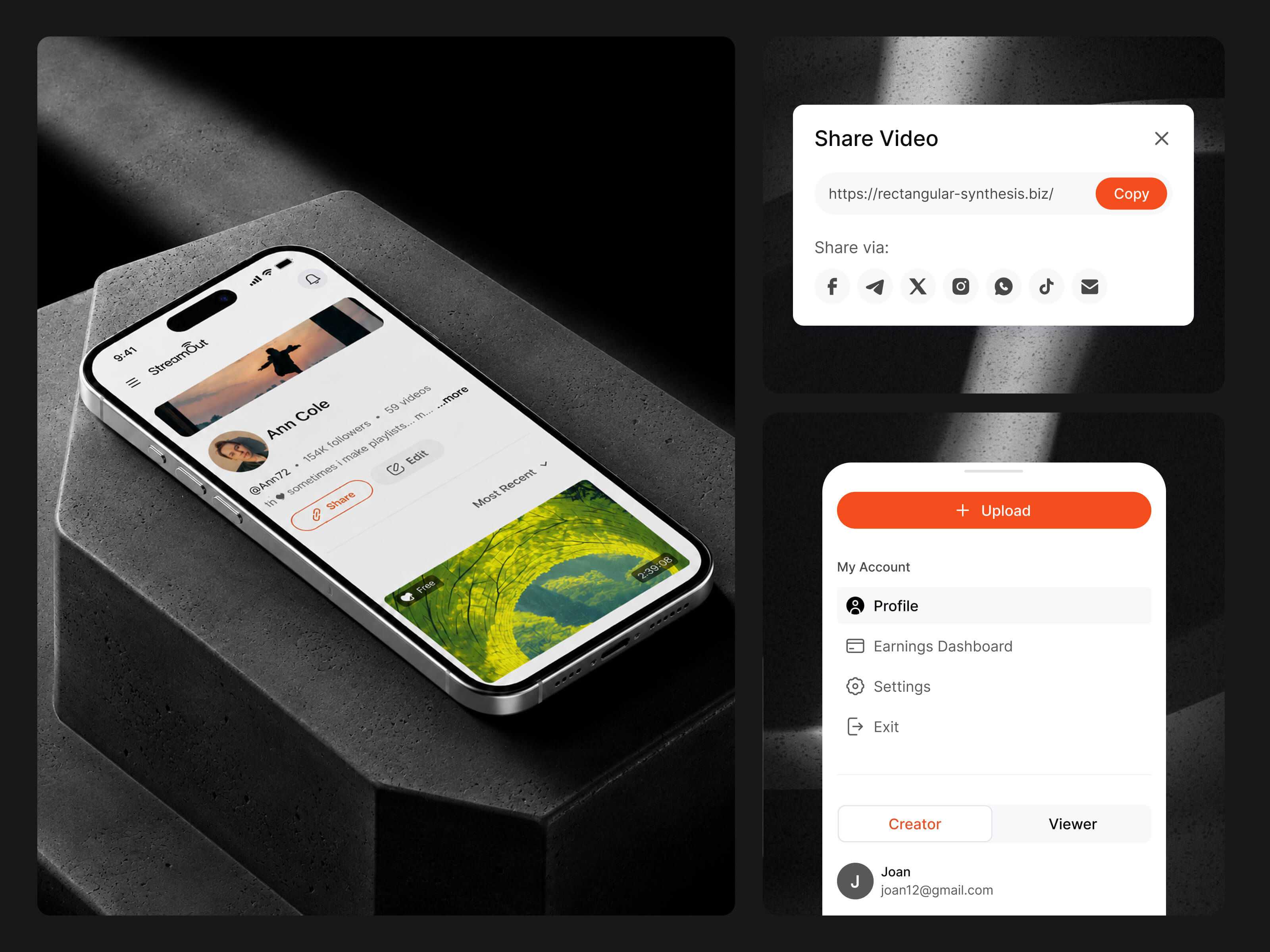 StreamOut – Mobile UI Design for a Creator Platform content creator platform landing menu pop up product design profile saas startup ui user profile ux video monetization video platform web design website