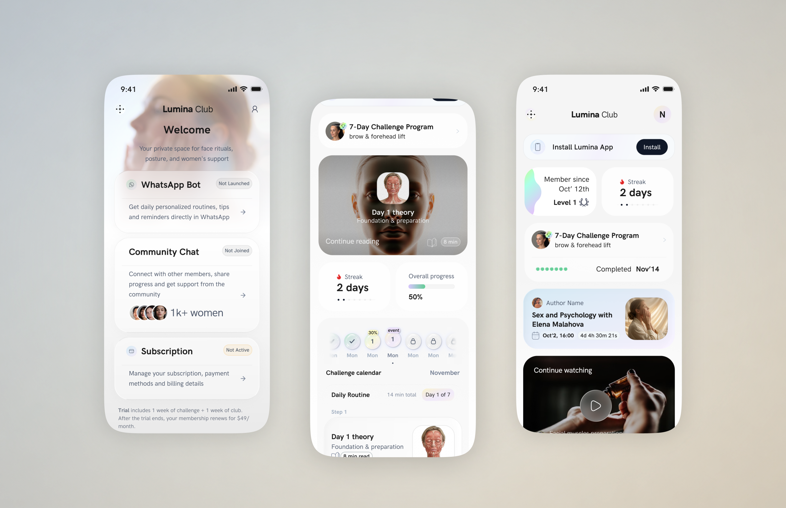 Face fitness app for women — AI-powered scoring, 7-day challenge challenge face fitness ios mobile app ui wellness ui design women health