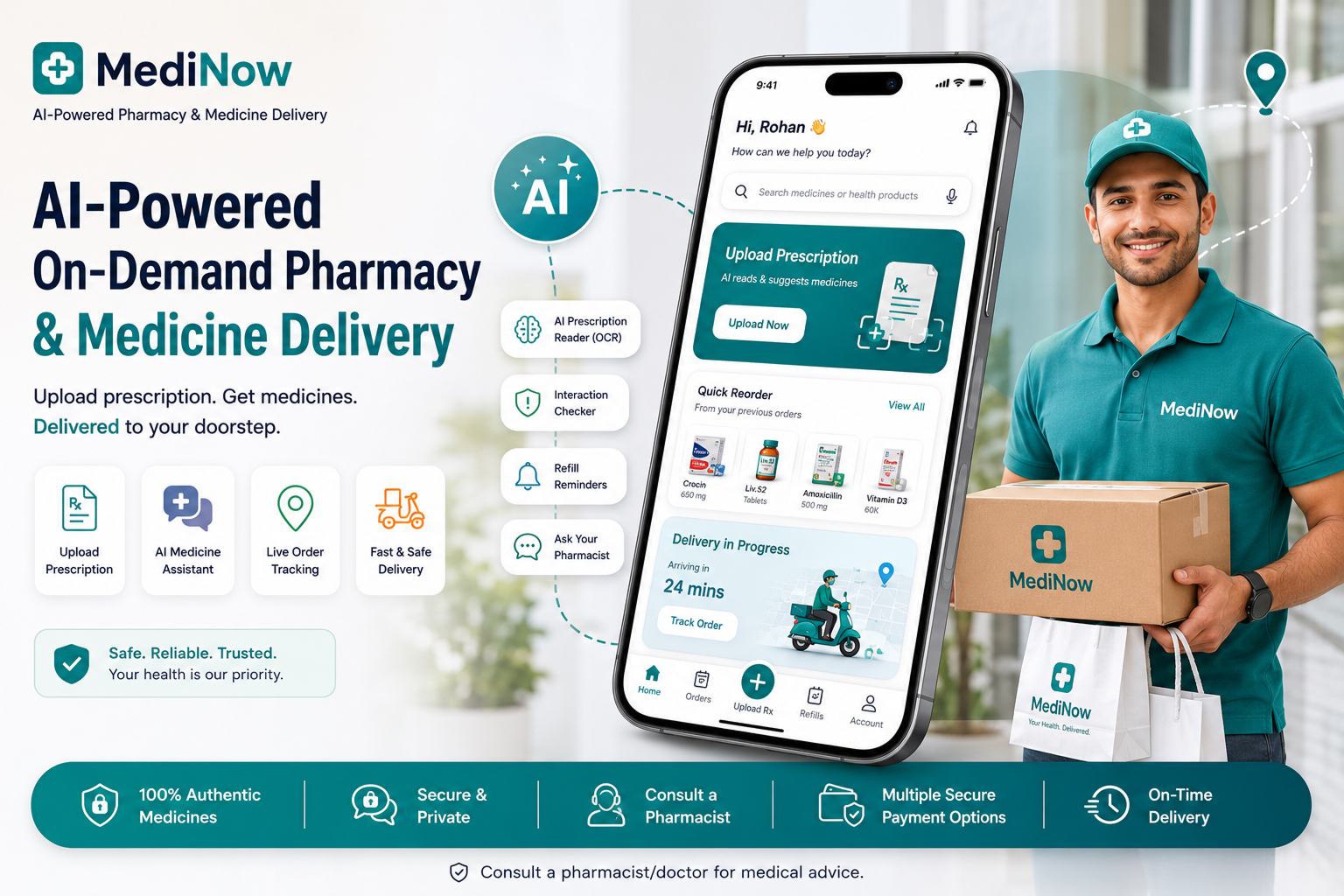 MediNow - AI Pharmacy & Medicine Delivery App aiapp appdesign dashboard healthcareapp mobileapp ondemand peppyocean pharmacyapp uidesign