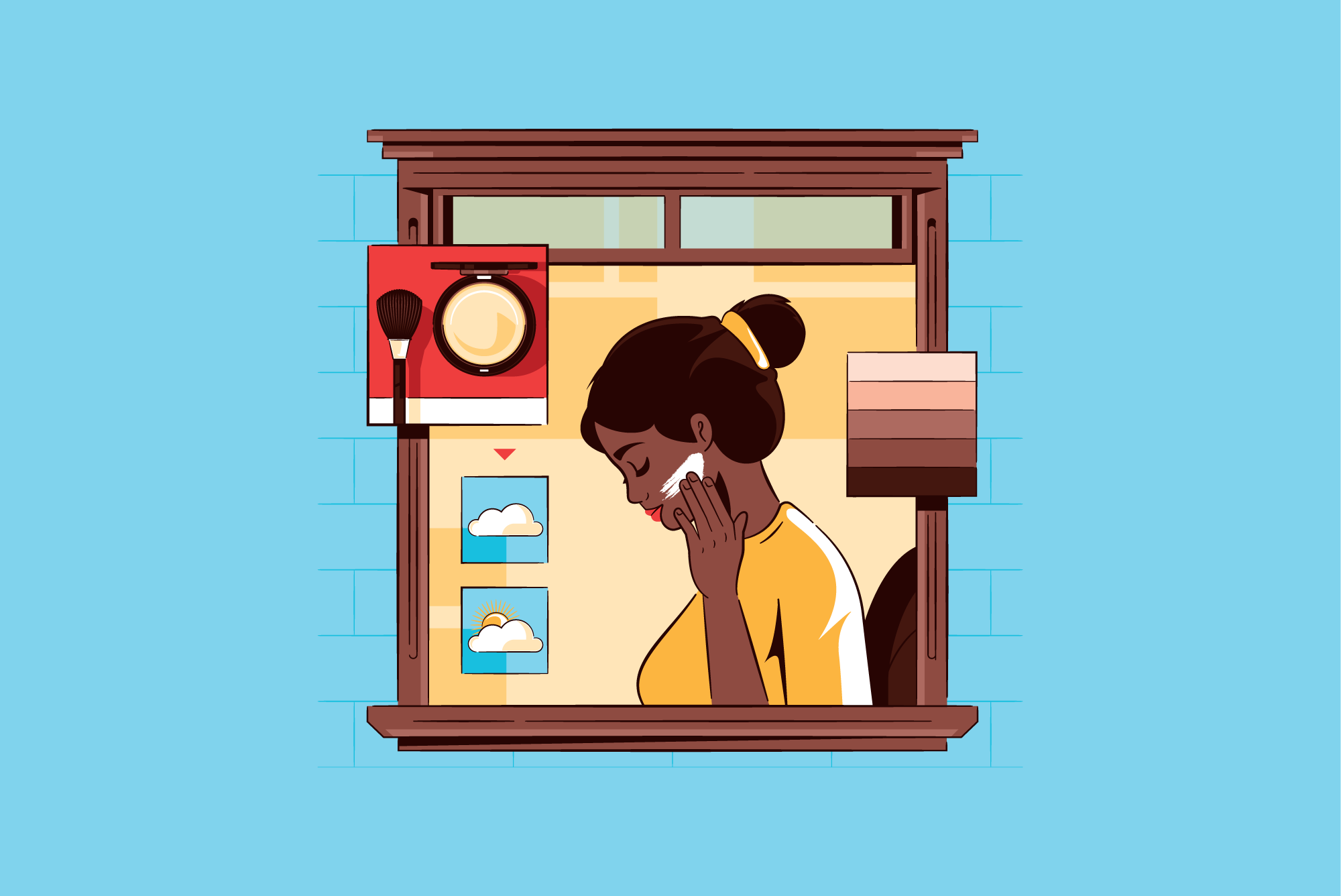 Sunscreen Myths, Busted! (Consumer Reports magazine) illustration infographic makeup sunscreen window woman