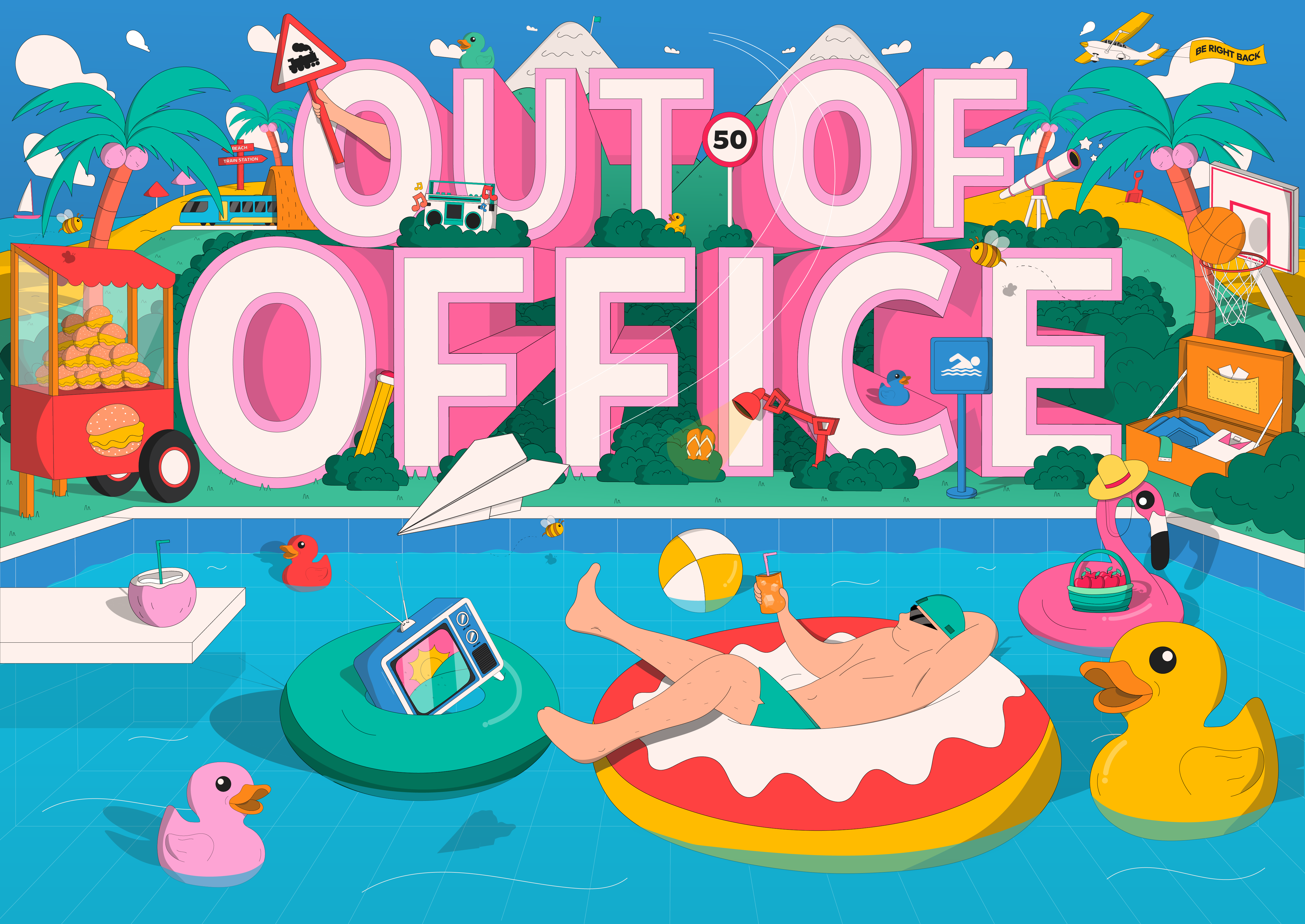 OUT OF OFFICE 2d 3d advertising illustration branding design digital art editorial illustration graphic design illustration isometric out of office retro summer summer vacation typography vacation vector vector art vector illustration videogames