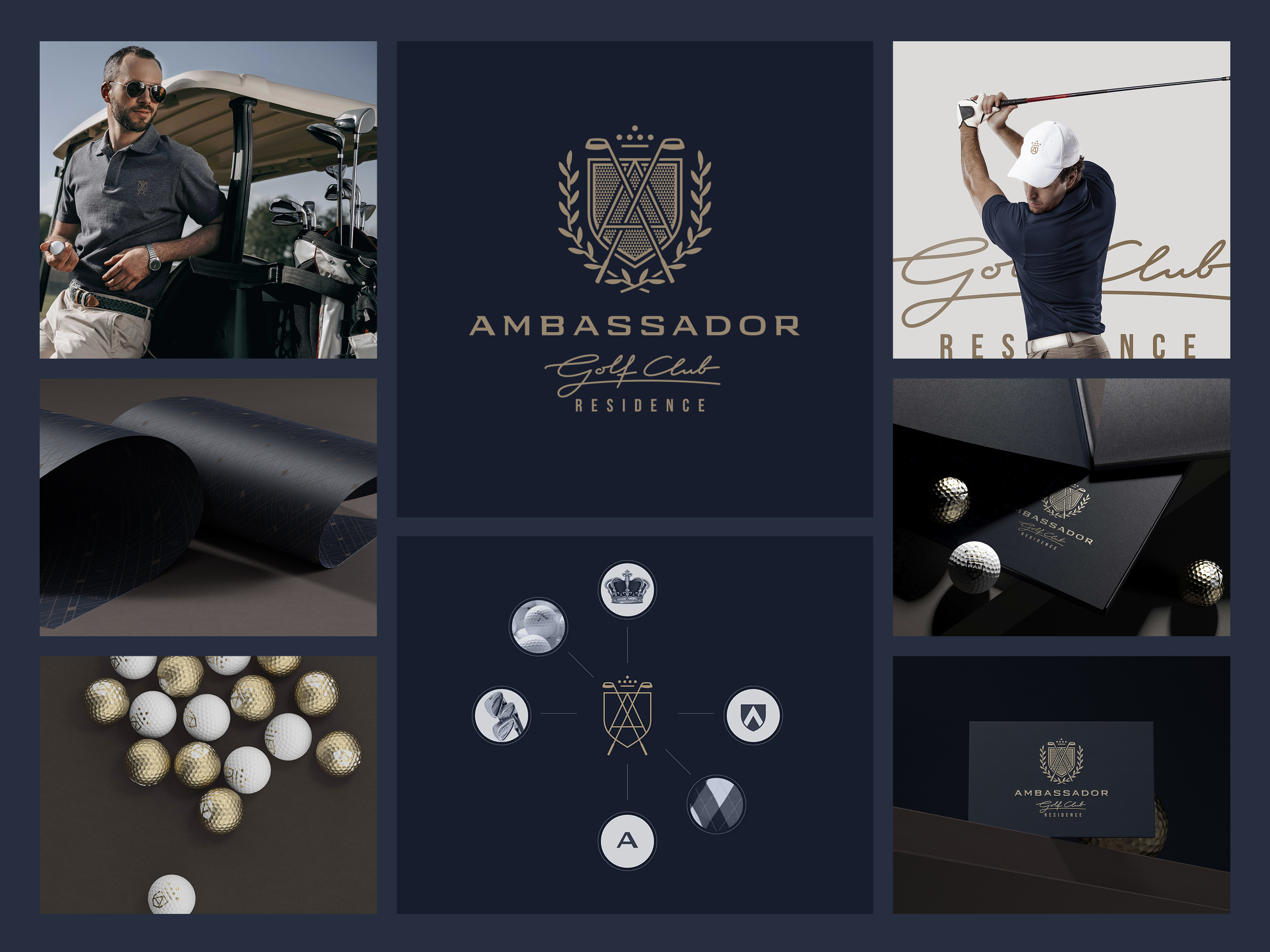Ambassador Golf Club Residence — Luxury Brand Identity art direction brand identity corporate identity crest logo emblem design golden logo golf branding golf club branding golf club logo graphic design heraldic logo logo design luxury branding luxury stationery navy blue premium branding real estate branding residential branding sports branding visual identity