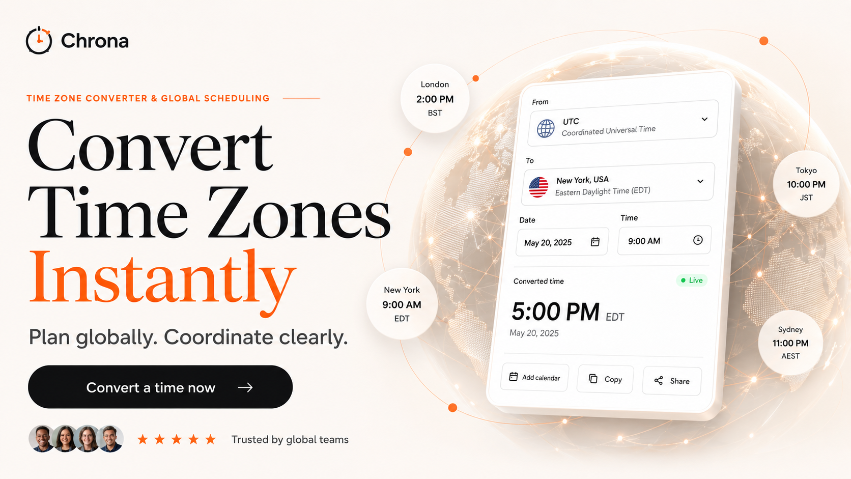 Chrona — Modern Time Zone Converter Landing Page clean ui dashboard design figma design global time landing page minimalist design modern website product design productivity app responsive design saas landing page startup website time management time zone converter ui design user interface ux design web application web design website design