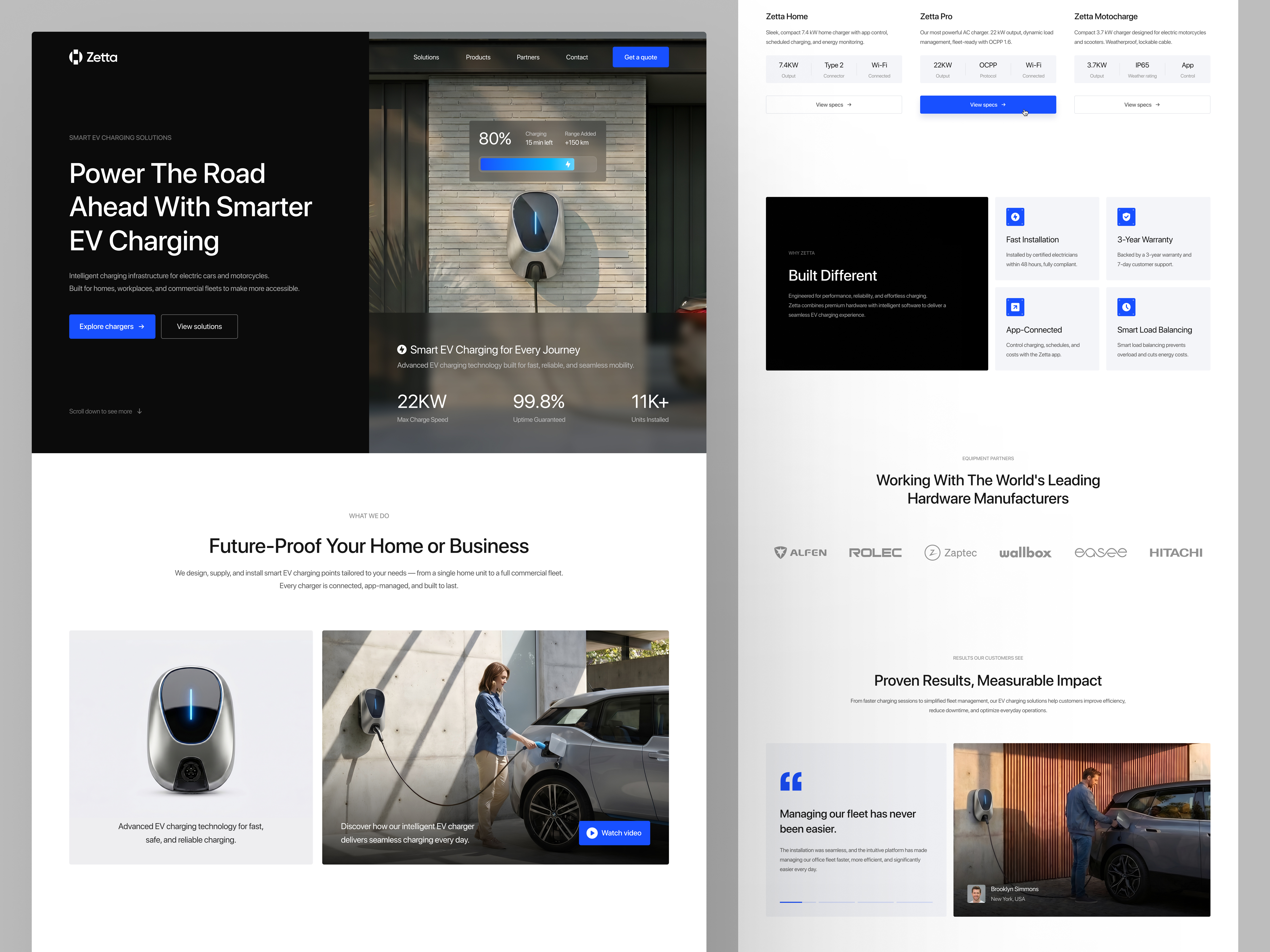 Zetta - EV Charger Products Landing Page automotive clean design system electric vehicle ev charger homepage landing page minimalist modern product design saas smart charger tech ui ui design user interface ux design web design website