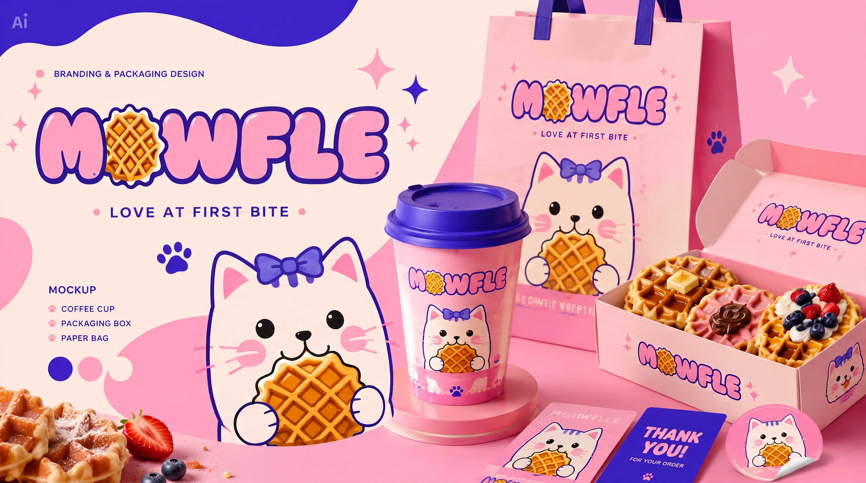 MOWFLE — Visual Identity & Packaging Design for a Cute Waffle 3d brand identity branding cute design graphic design illustration logo packaging pink purple ui visual identity