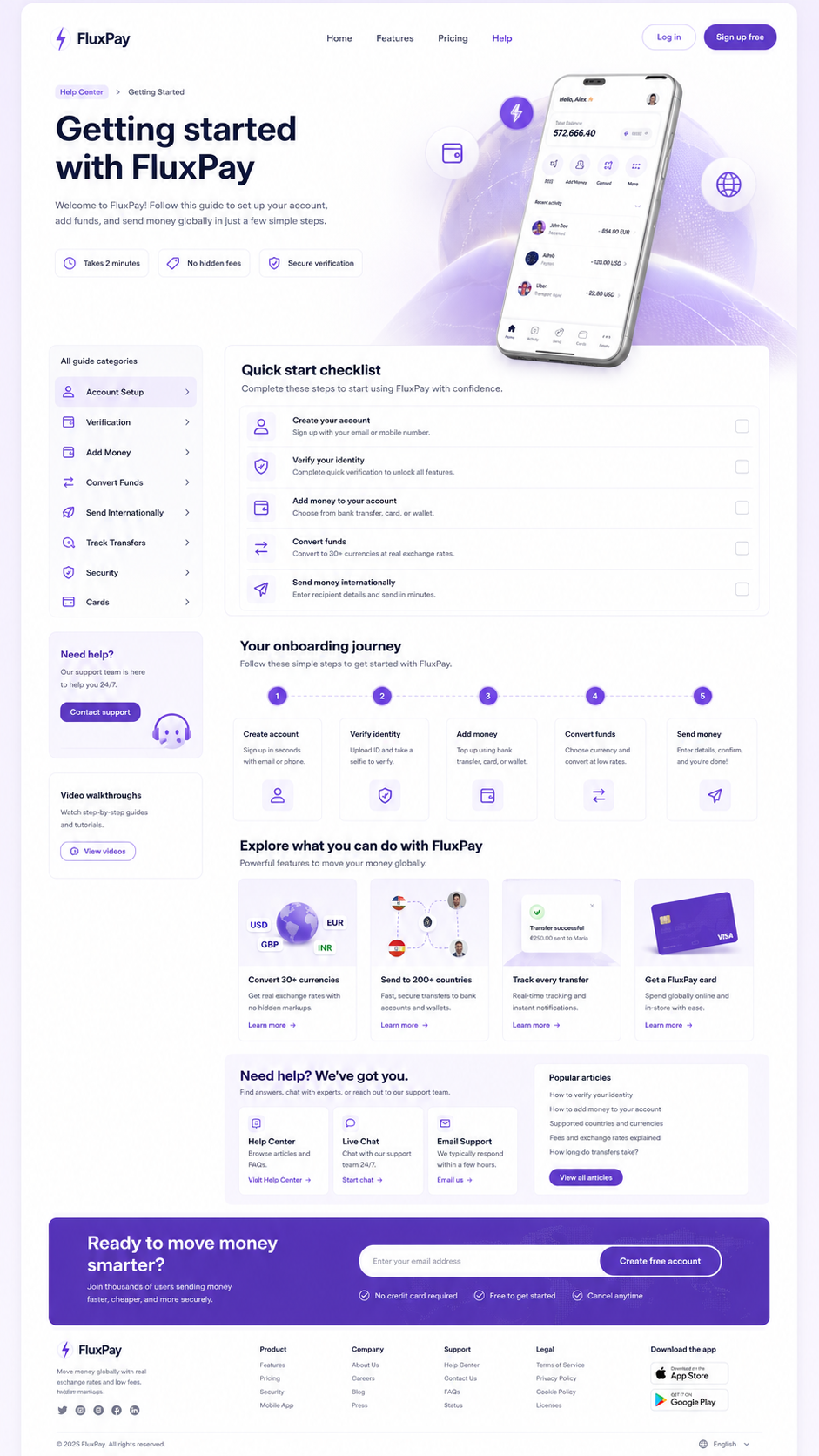 FluxPay — Global Money Transfer Fintech Landing Page banking app dashboard ui digital wallet figma finance app financial technology fintech global payments landing page mobile banking money transfer payment app product design purple ui responsive design saas design ui design ux design web design website design