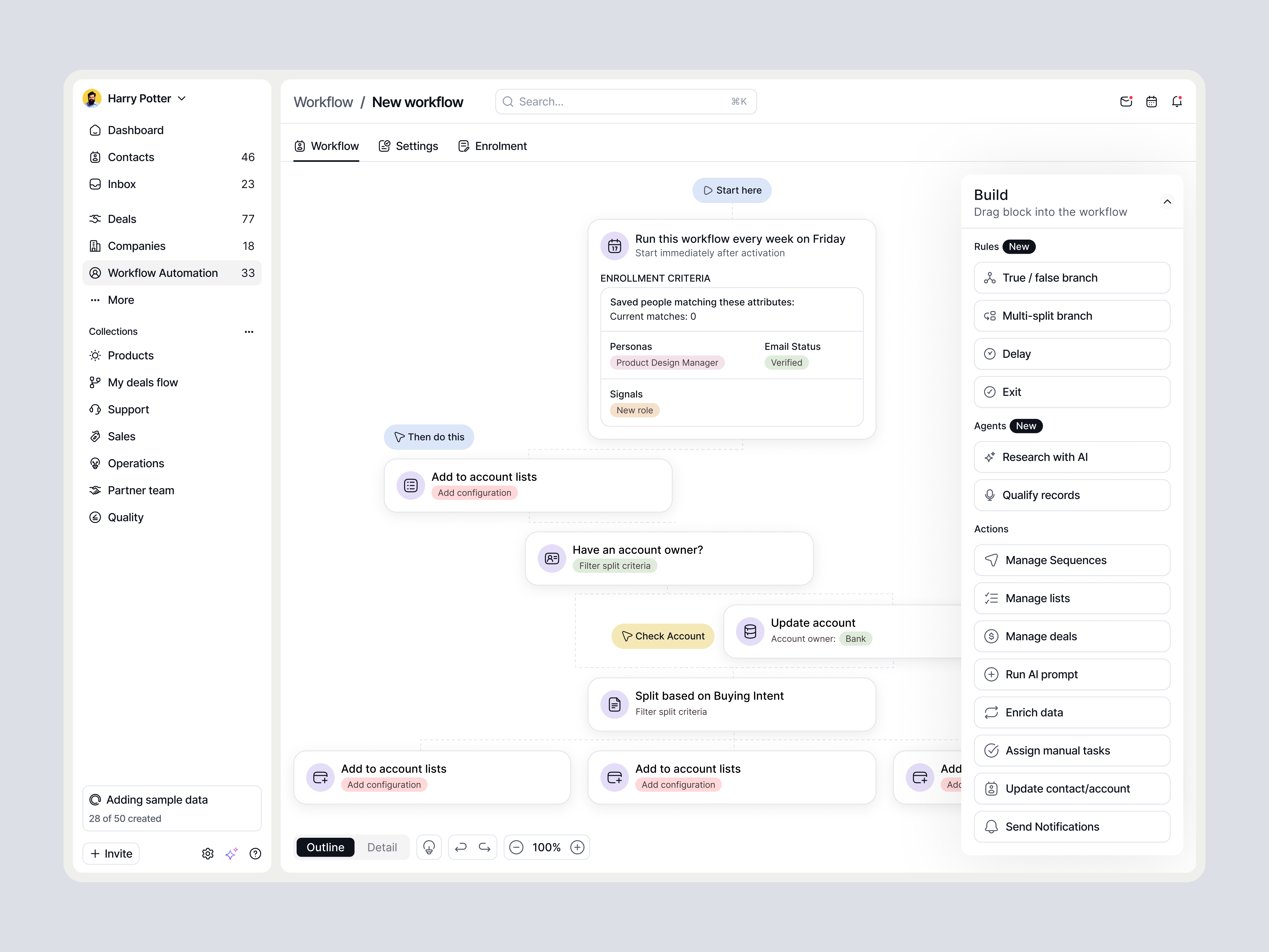 Sales CRM Workflow UI End-to-End Sequence Design | Closr ai agent blocks automation flow chart b2b crm design branching logic ux closr crm workflow builder drag and drop workflow filllo saas automation canvas saas design agency saas product design saas ui design sales automation ui sales crm ui startup product design visual automation ui visual logic builder web app design workflow canvas design workflow diagram ui