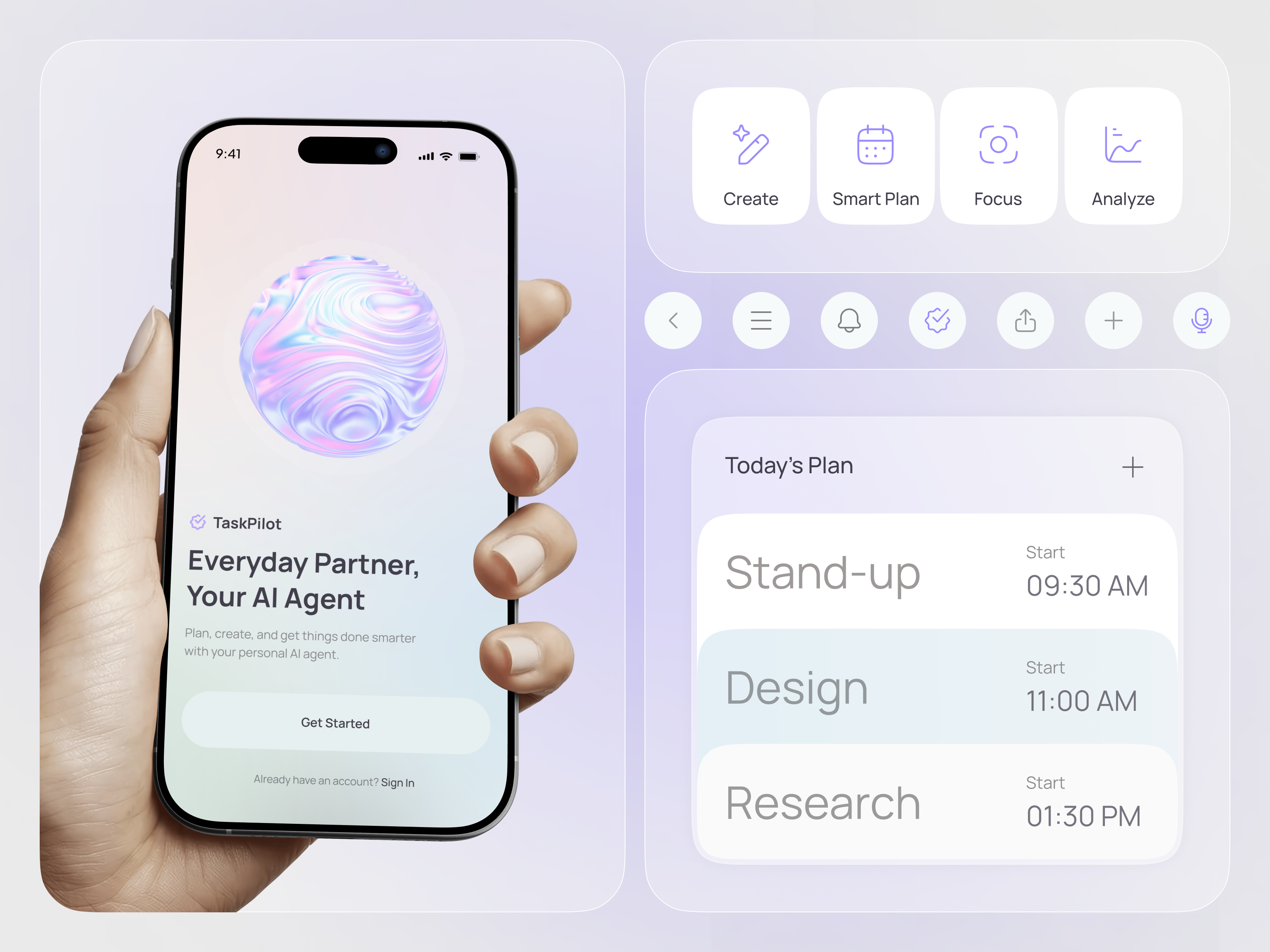 AI Productivity Assistant Mobile App UI/UX Design ai agent ai assistant ai reminder app design daily planner dashboard dribbble figma glassmorphism ios mobile app planner app productivity startup task app task management app taskmanager ui ux