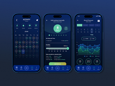 Smart Watches Fitness Tracker - Mobile App app blue dark theme design drag fitness graph mobile sport statistics tracker ui