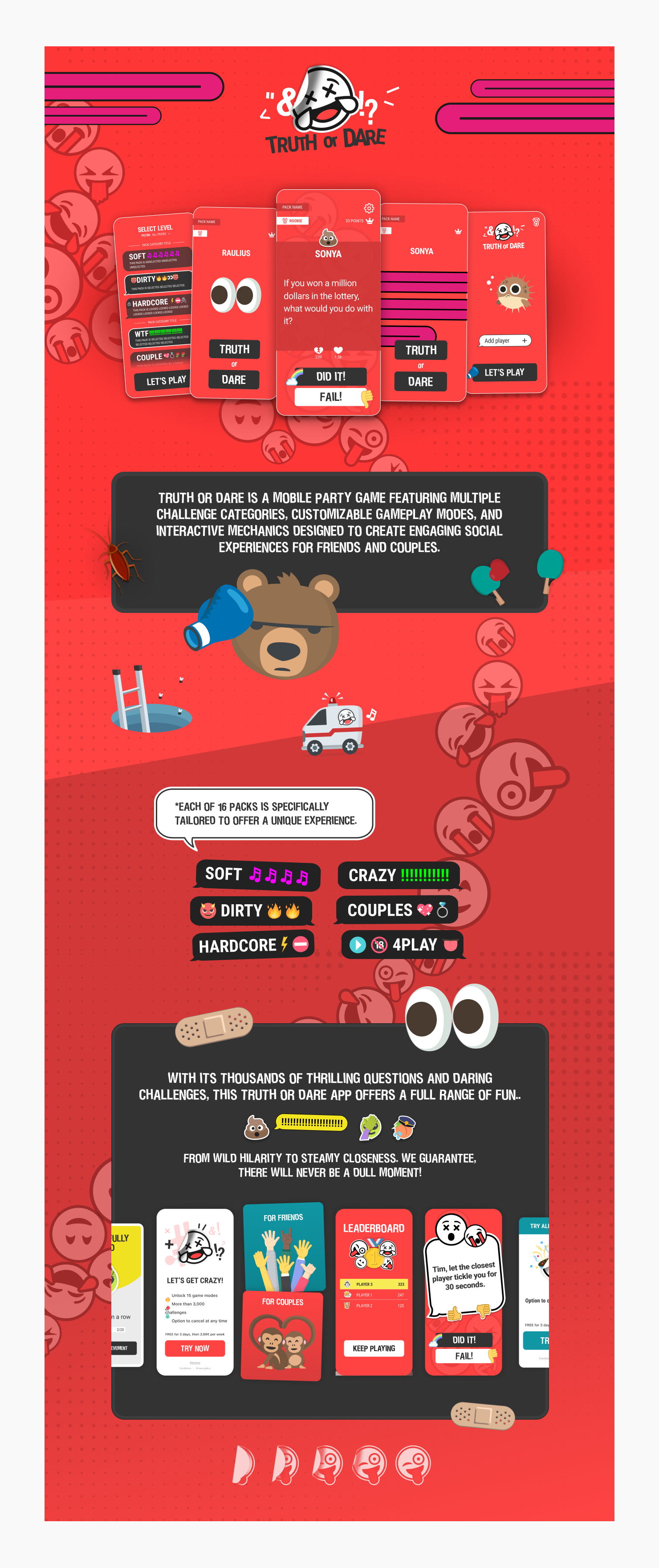 Truth or Dare Party Game • Mobile Product Design android animation appstore aso flat graphic design illustration ios liveops logo monetisations party product design social game truth or dare ui ux