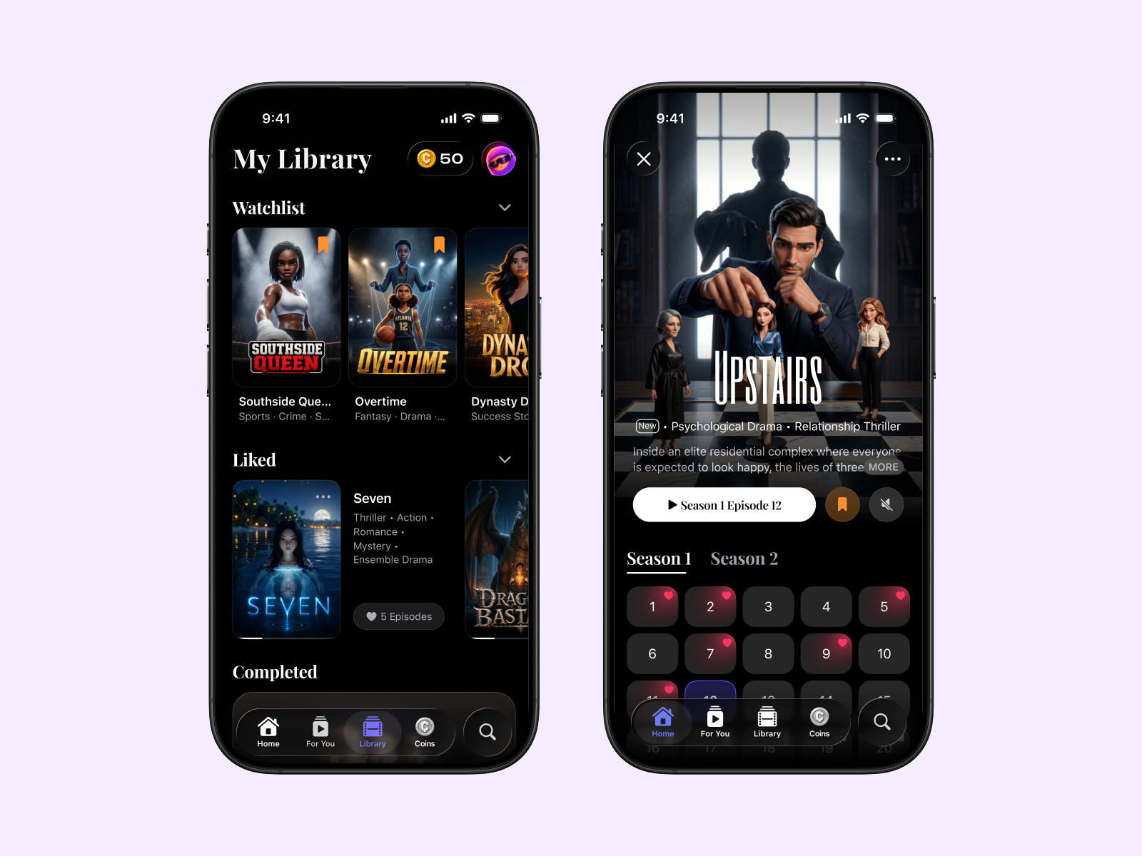 JuicyBox AI Series · Library & Series Page · Mobile App app design bookmarks continue watching dark theme entertainment episodes favorites ios app library mobile app movie player series series page streaming tv shows ui ux video streaming watchlist