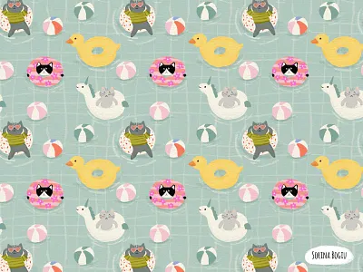 Pool Party ball cat cats pattern cute design fabric designer fun illustration illustrator kids illustration pattern pattern designer pattern love pool summer unicorn