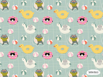 Pool Party ball cat cats pattern cute design fabric designer fun illustration illustrator kids illustration pattern pattern designer pattern love pool summer unicorn
