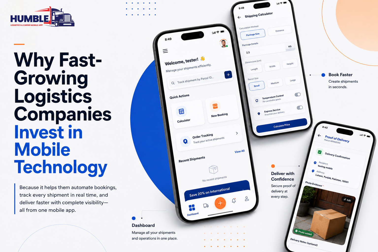 Humble – Logistics & Cargo Mobile App UI Design b2b app booking bussiness app cargo app courier app delivery app fleet management frieght app location tracking logistics logistics app mobile app shipping shipping app shippment tracking tracking tracking app transport app truck delivery warehouse app