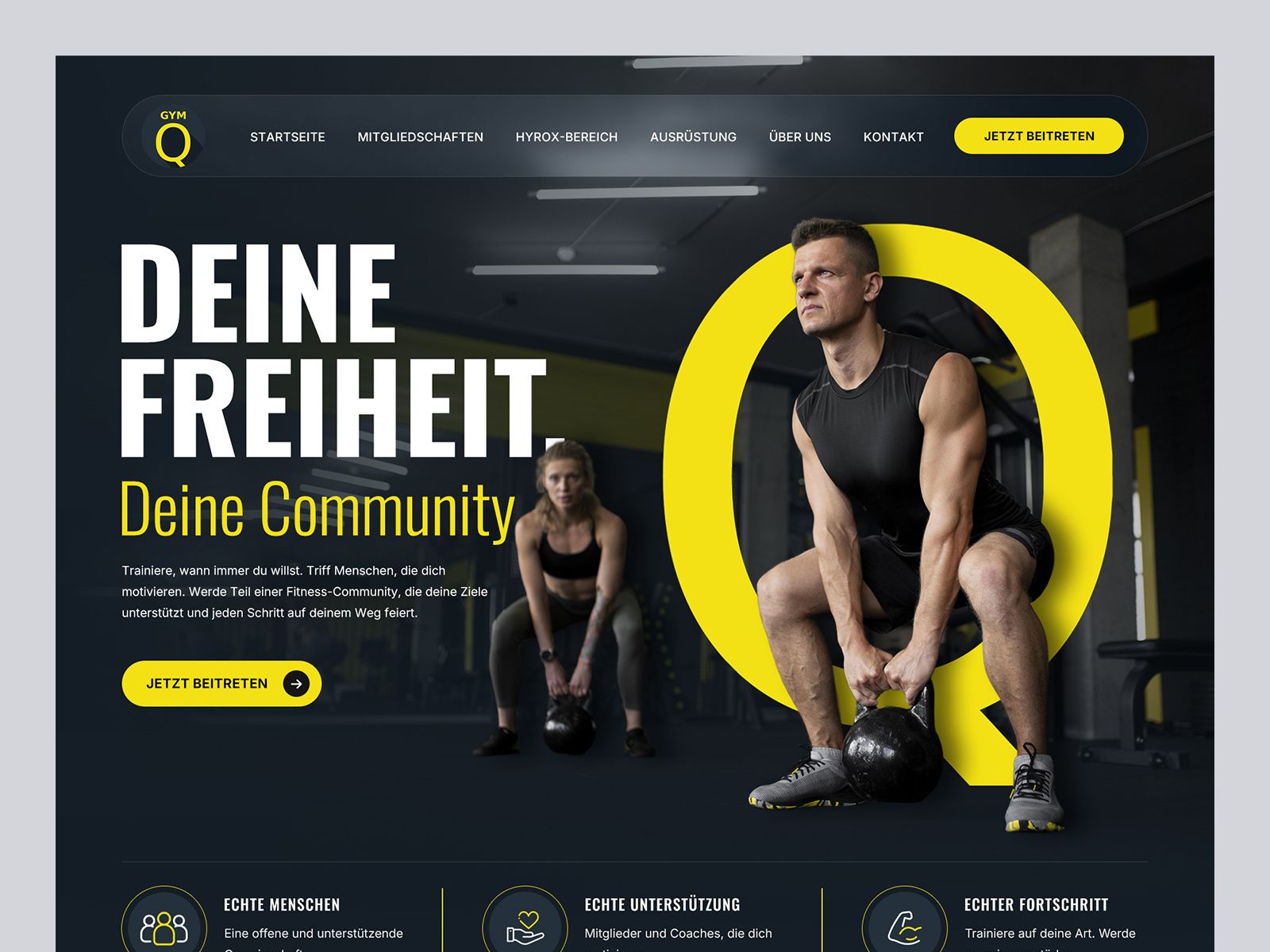 Gym Q - Fitness Studio & Hyrox Training Web Design athletic web design clean layout dark mode web design desktop web design electric yellow ui fitness web design gym website design hyrox web design landing page design membership card ui modern typography product design responsive ui sports website design ui design ui ux design ux design visual identity web design inspiration web layout