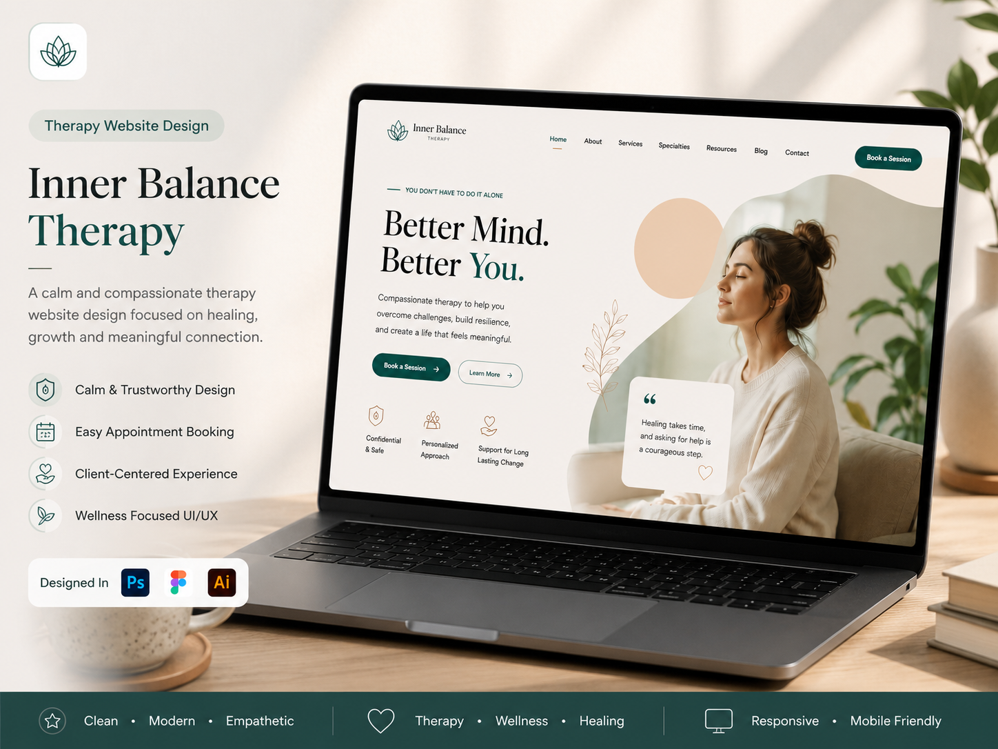 Therapy Website Design | Mental Health & Counseling Landing Page clean design counseling website figma design healthcare ui healthcare website landing page medical website mental health minimalist ui modern website portfolio design responsive design therapist website therapy website ui design user experience ux design web design website redesign wellness website