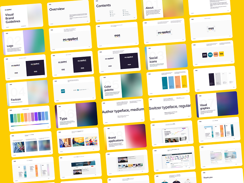 EQ Applied - Brandbook blog brandbook branding cvi emotional intelligence eq gradient logo news playbook publications swag template