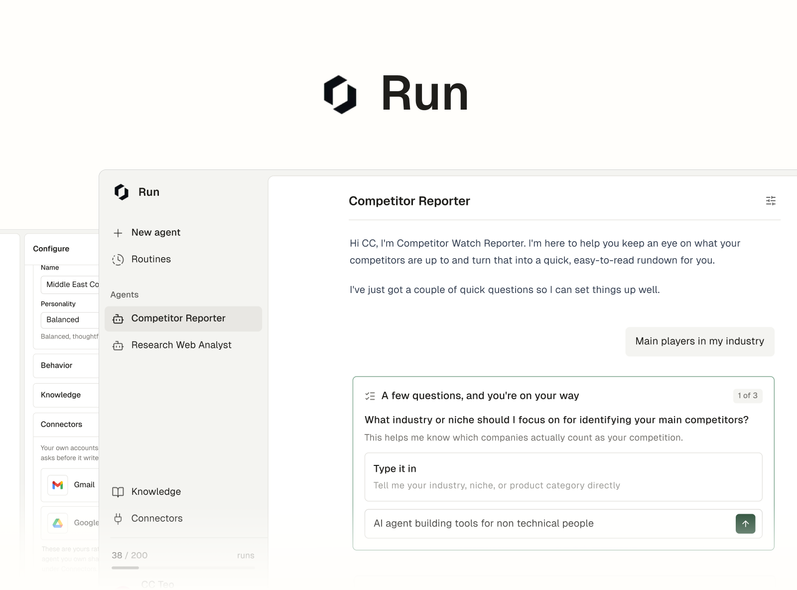 Run — Turn a sentence into an AI Agent agent agentic ai agent chat design llm loop ui wrapper