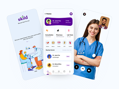 Skild - Medi Care App app design booking design doctor drug healthcare lab testing medical appointment mobile interface mobile ui online consultation ui uiux video call