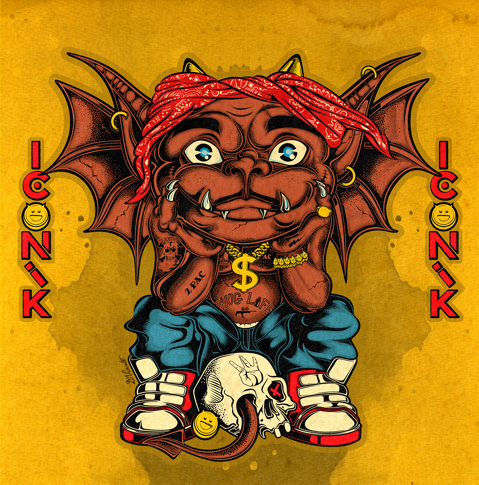 WILD CHILD ICONIK #46 - TUPAC 1990s hip hop 2pac character design creature design gargoyle art hip hop art iconik illustration lowbrow art monster design music illustration pop culture art rap icon red bandana street culture tupac tupac shakur urban art west coast hip hop wild child